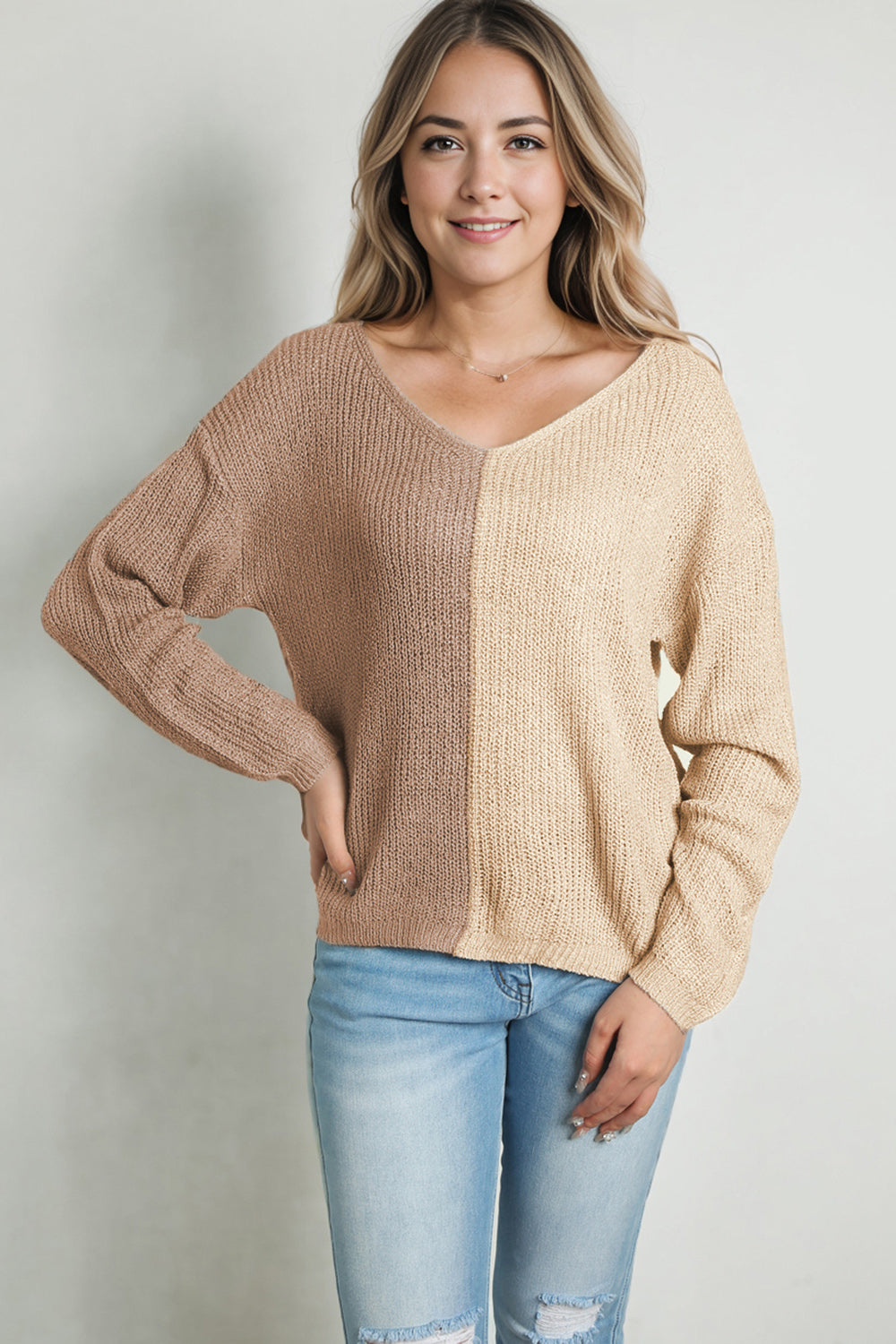 Contrast Color V-Neck Long Sleeve Pullover Sweater Trendsi