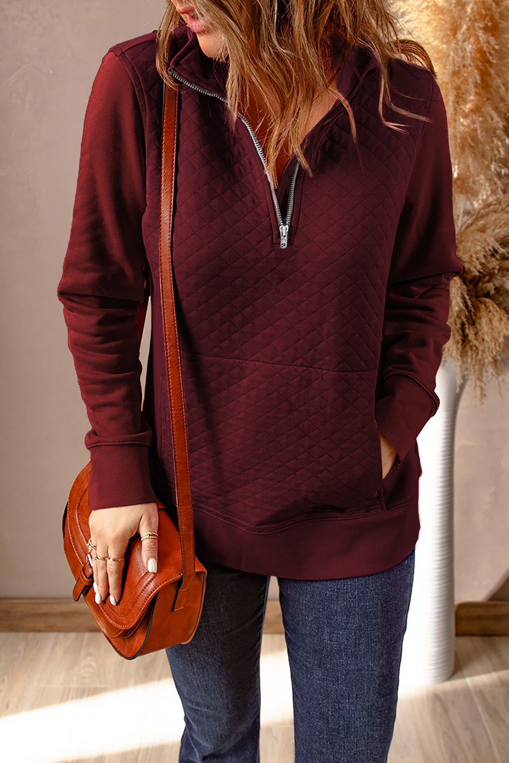 Quarter-Zip Quilted Sweatshirt with Kangaroo Pocket Trendsi