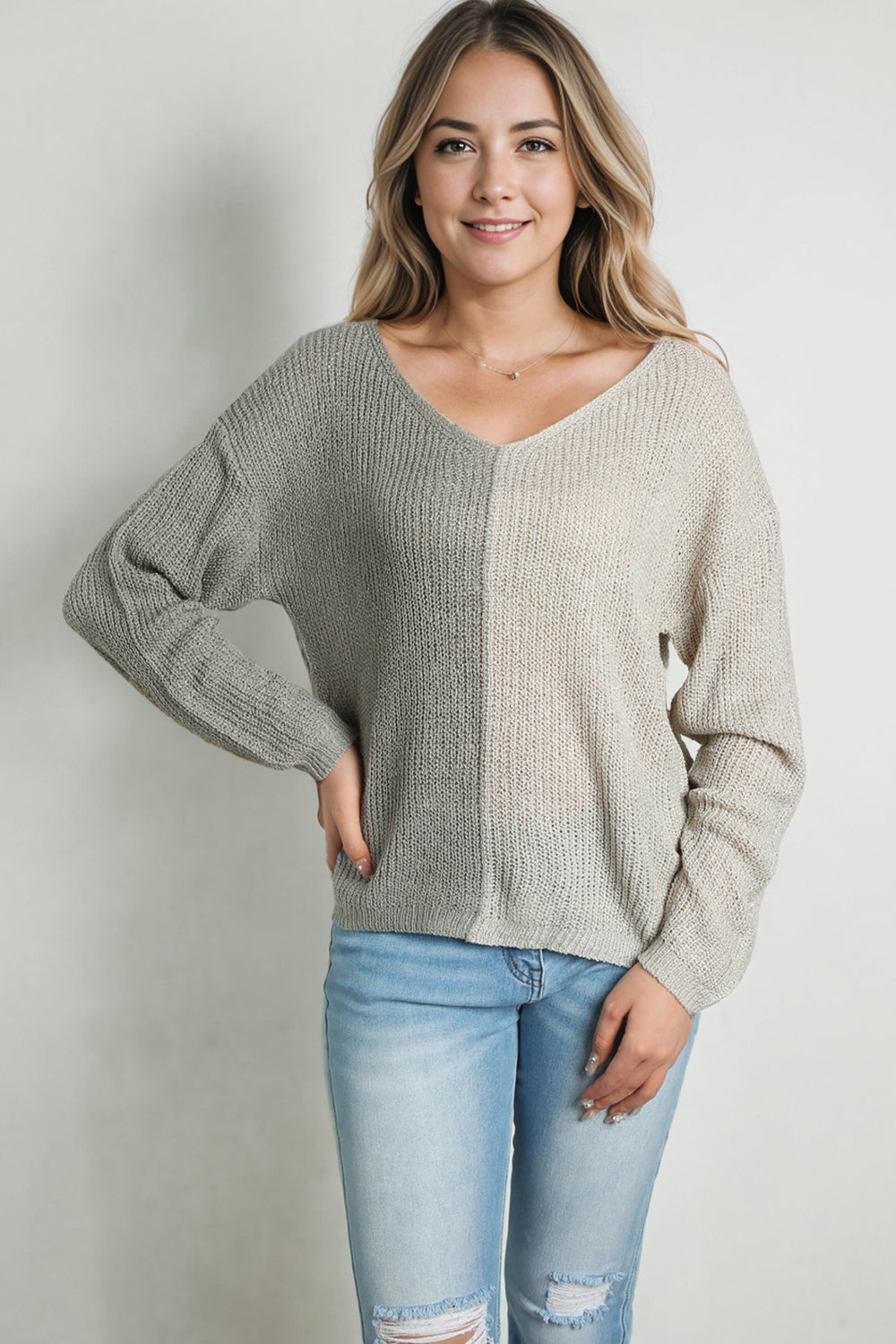 Contrast Color V-Neck Long Sleeve Pullover Sweater Trendsi