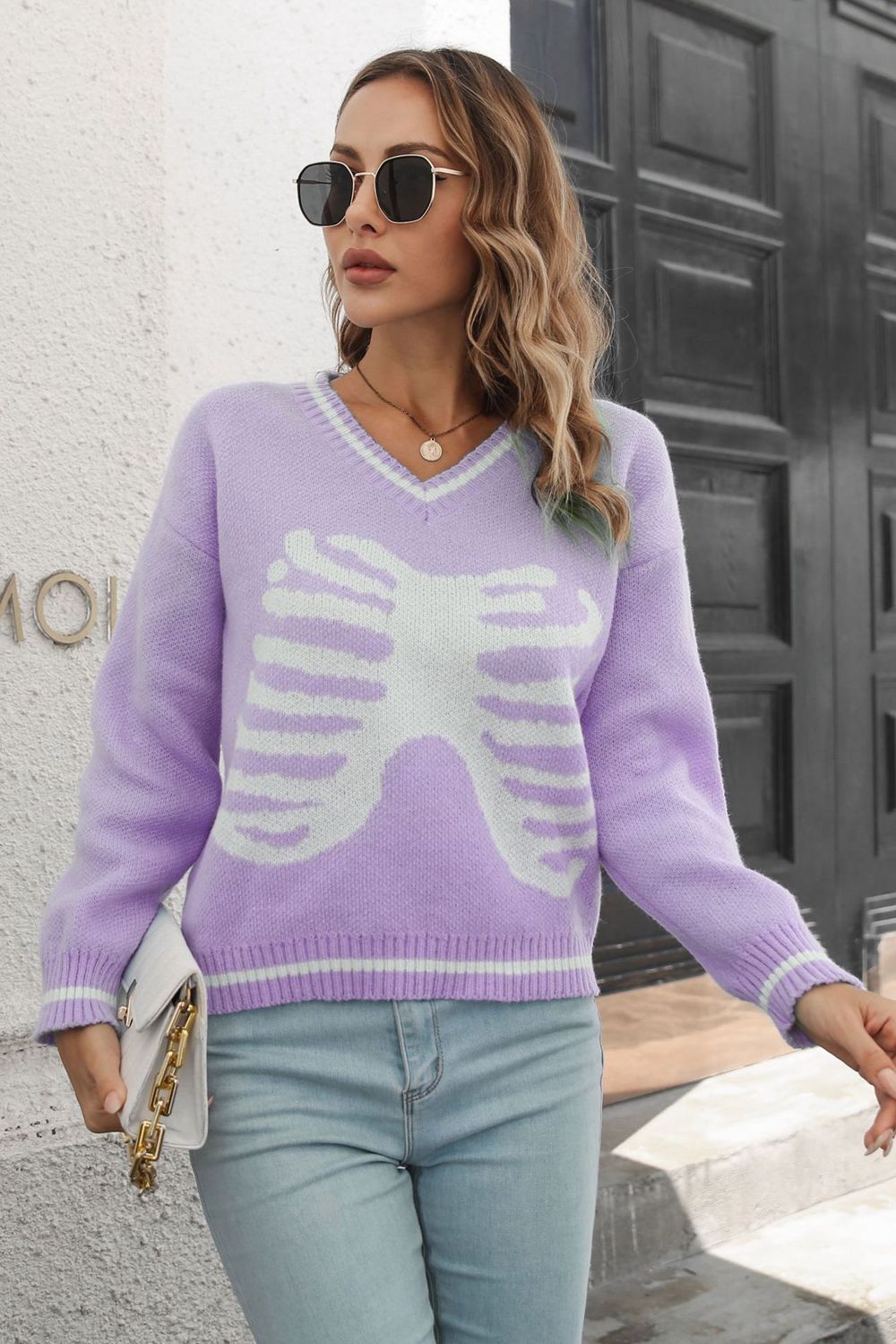 Skeleton Pattern V-Neck Long Sleeve Pullover Sweater Trendsi