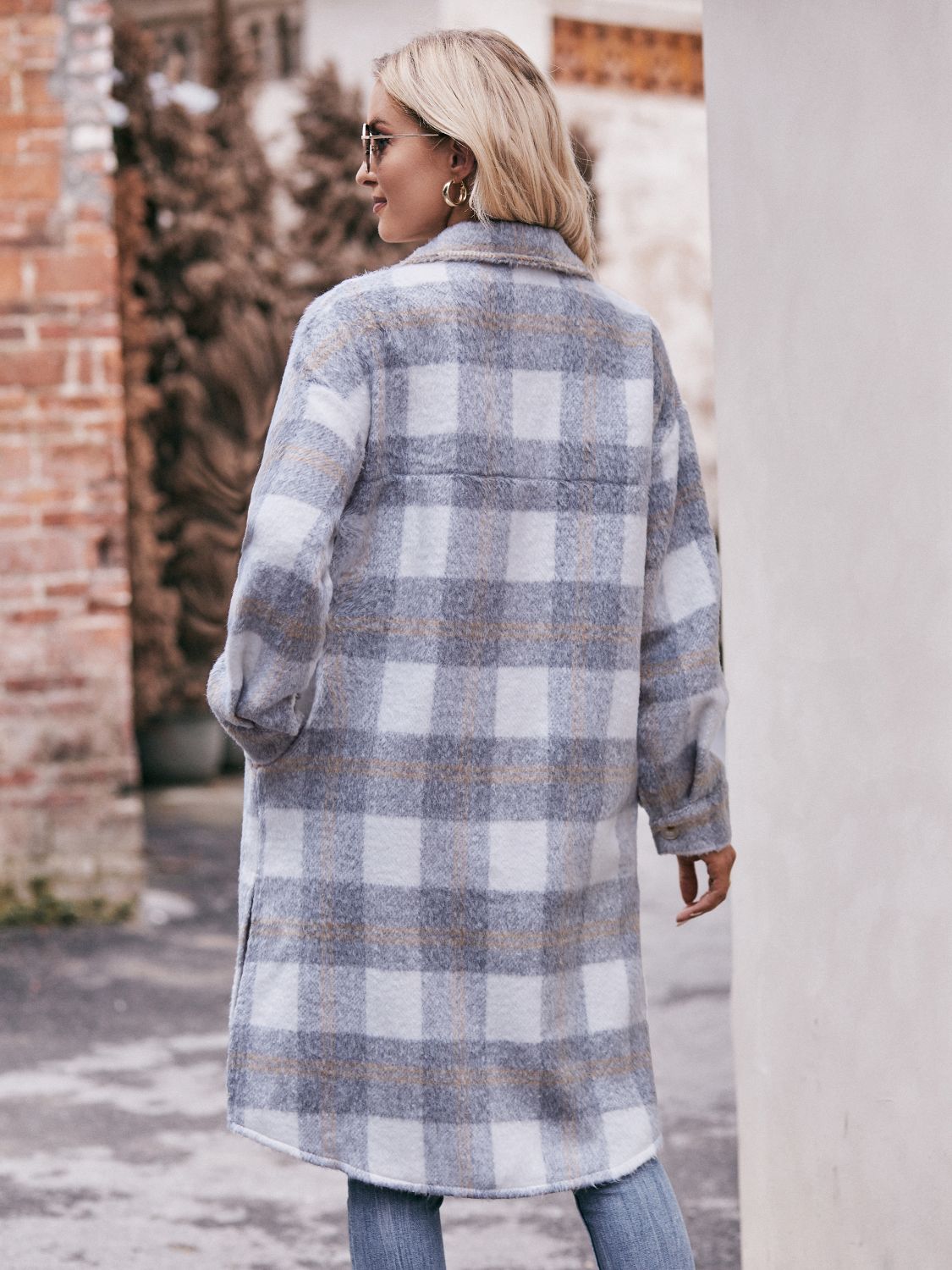 Plaid Dropped Shoulder Slit Coat Trendsi