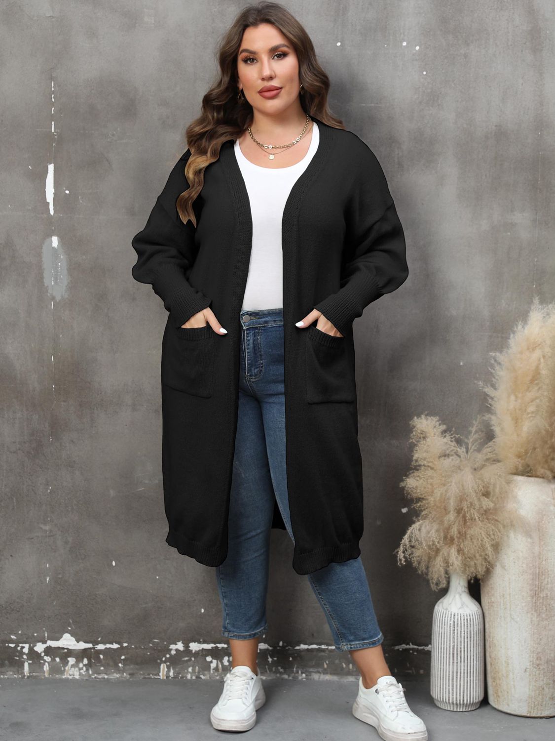 Plus Size Long Sleeve Pocketed Cardigan Trendsi