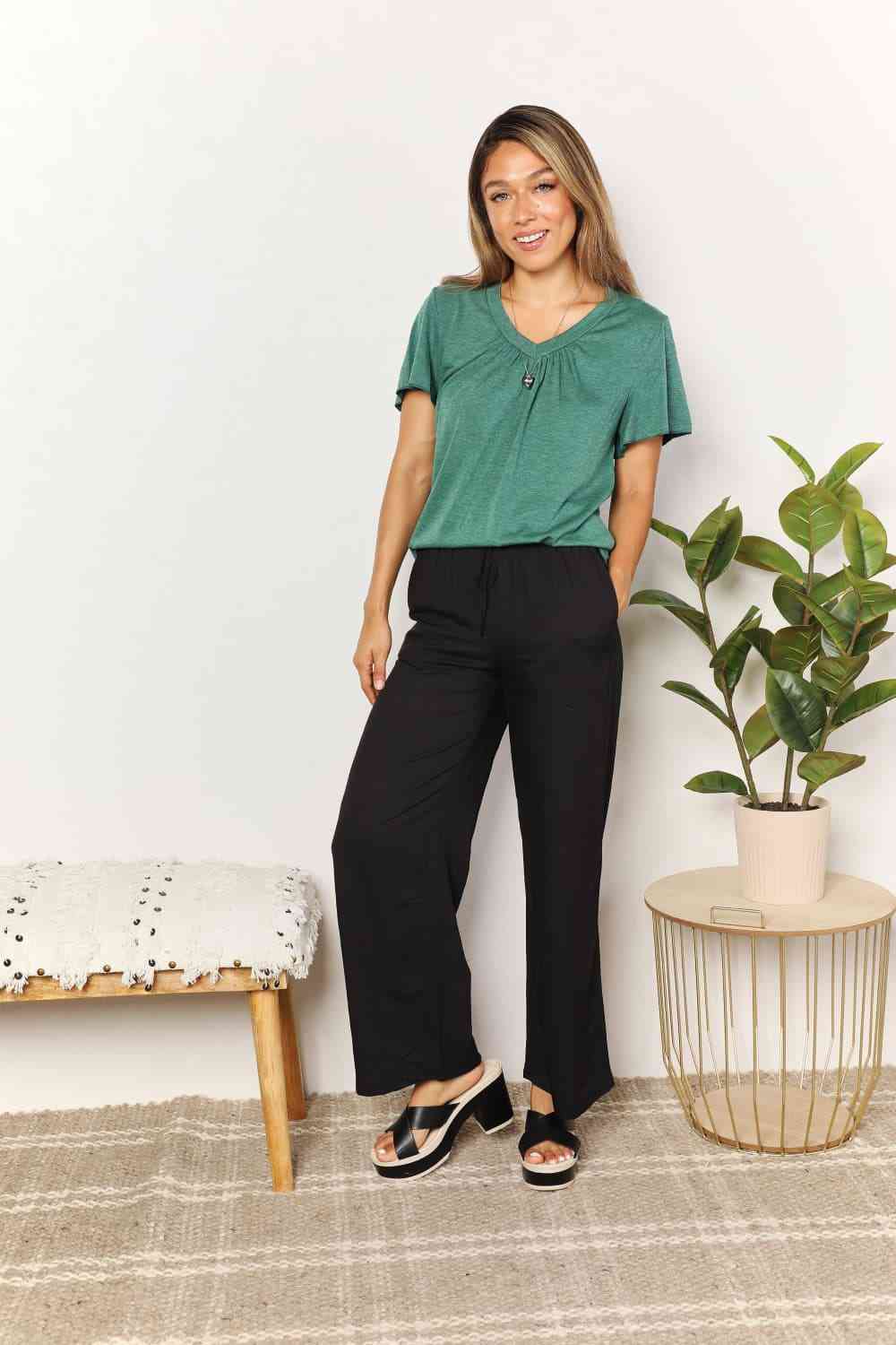 Double Take Ruched V-Neck Short Sleeve T-Shirt Trendsi