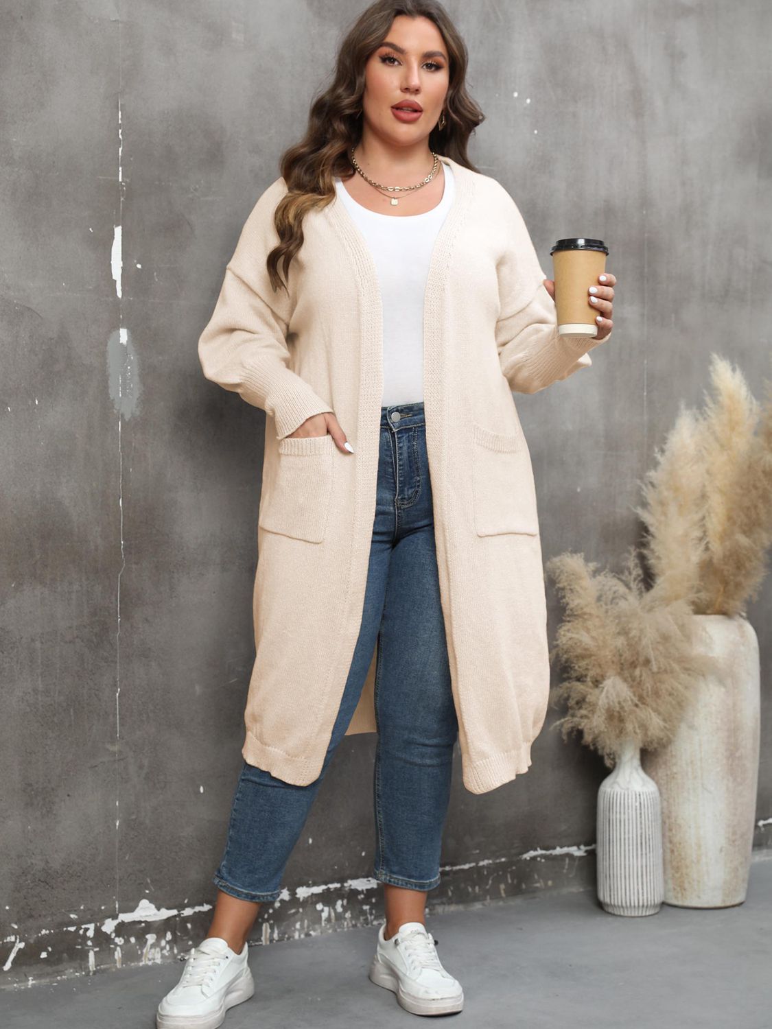 Plus Size Long Sleeve Pocketed Cardigan Trendsi