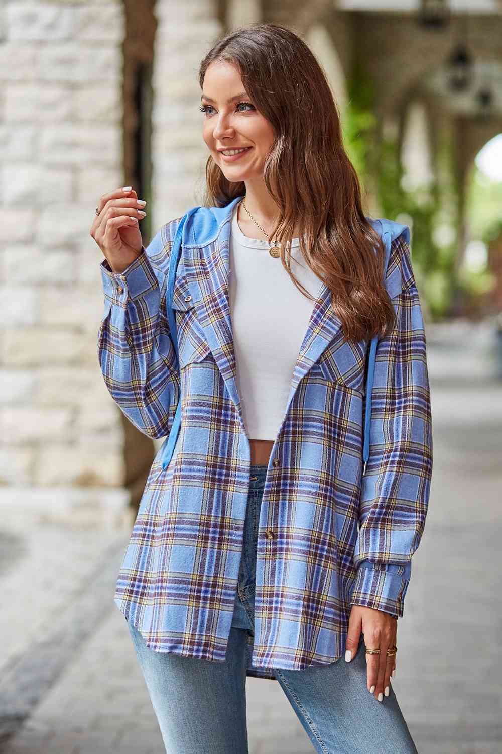 Plaid Long Sleeve Hooded Jacket Trendsi