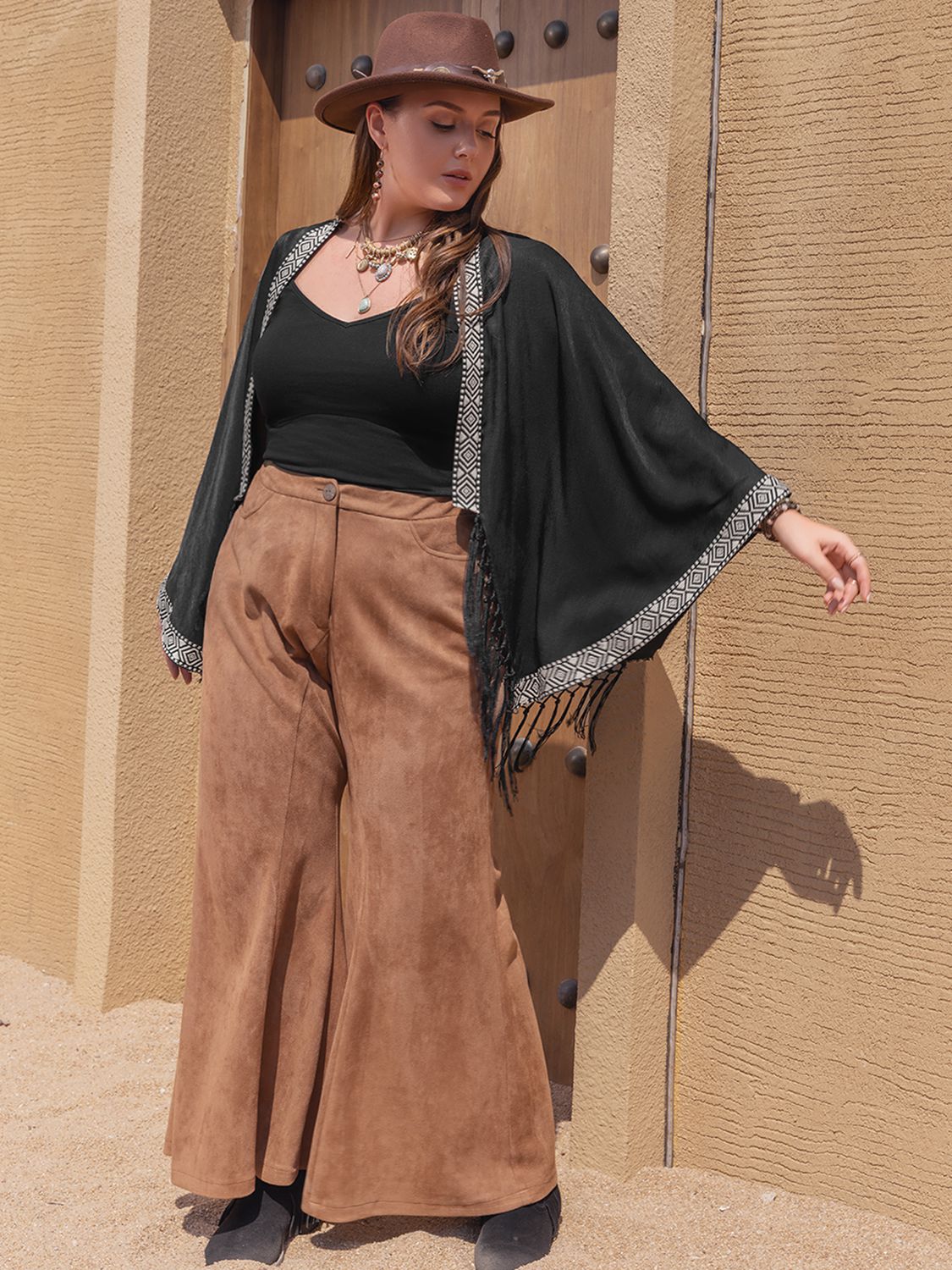Plus Size Geometric Open Front Fringe Hem Cardigan Trendsi