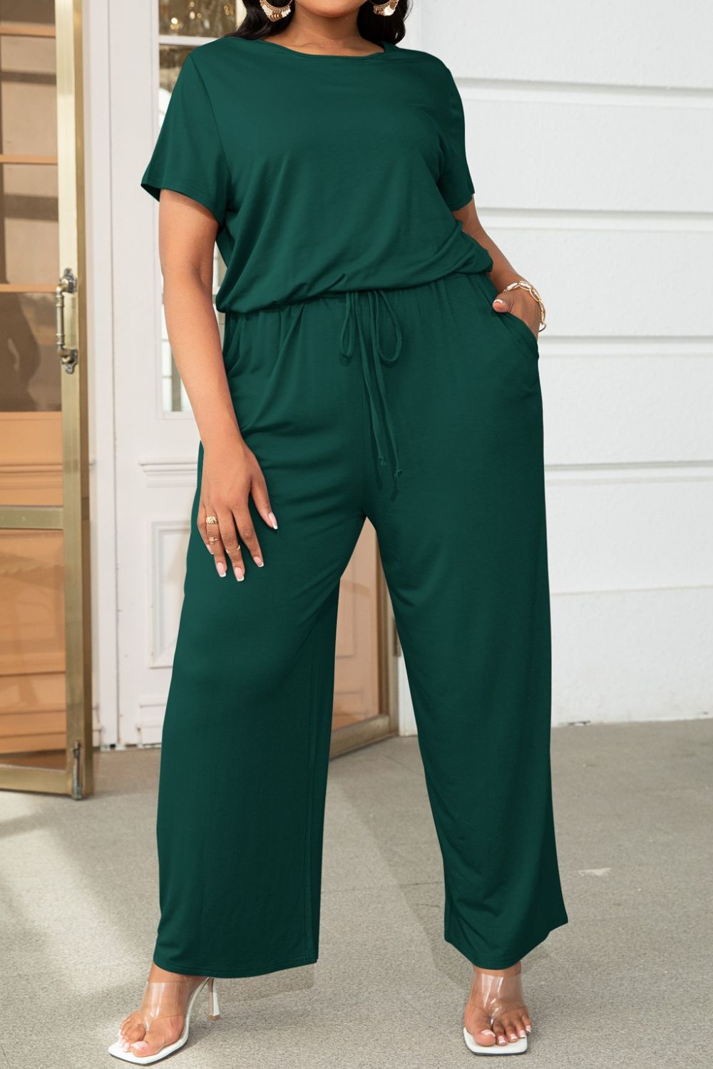 Plus Size Drawstring Waist Short Sleeve Jumpsuit Trendsi