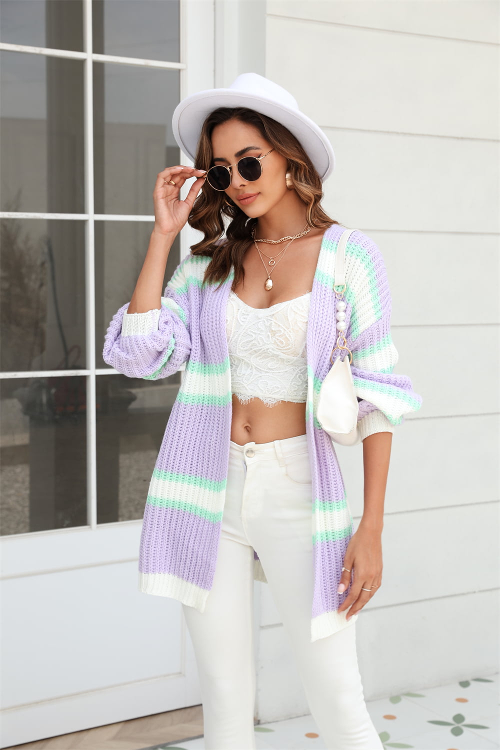Color Block Ribbed Dropped Shoulder Open Front Cardigan Trendsi