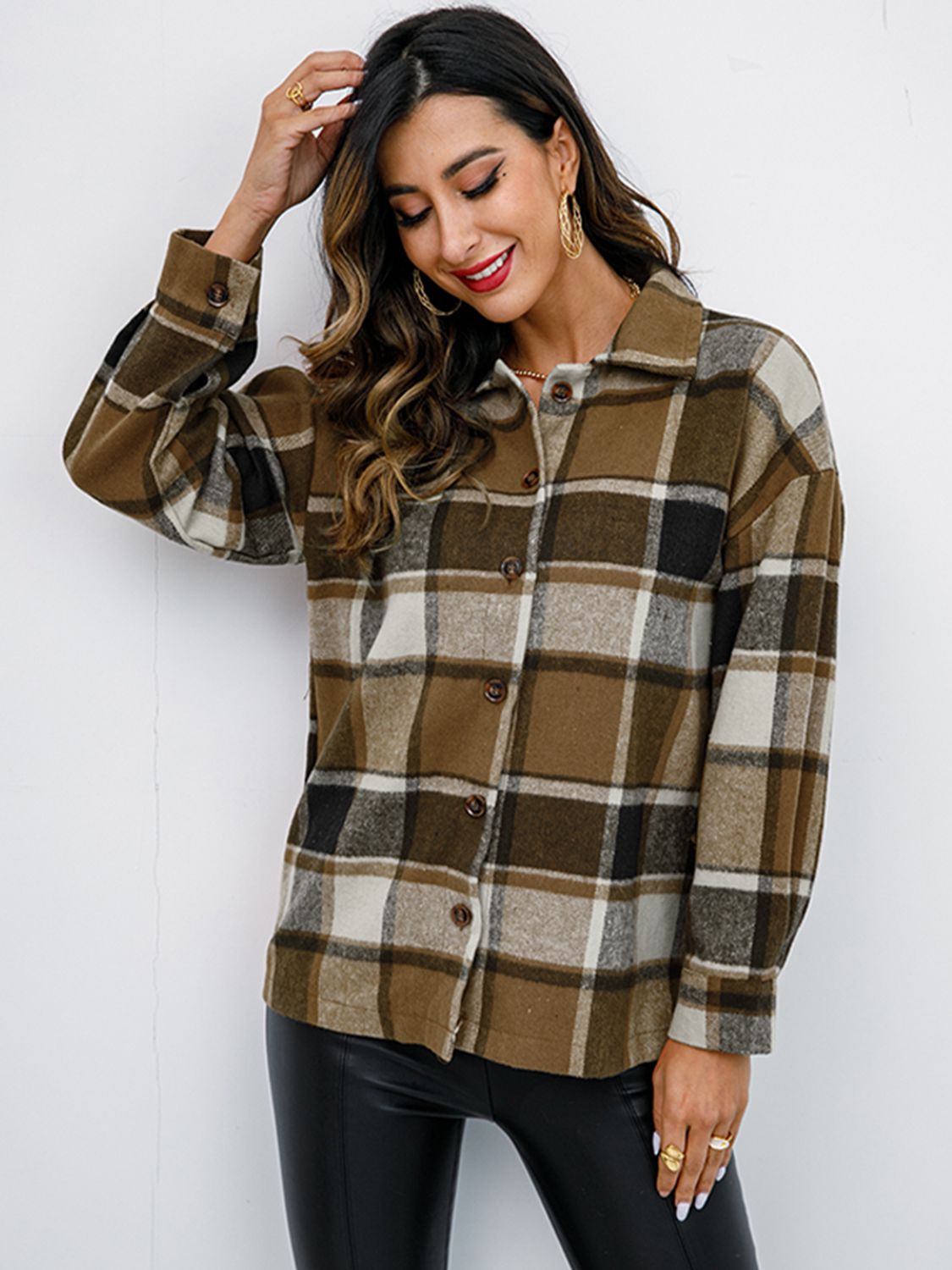Plaid Button-Down Jacket Trendsi