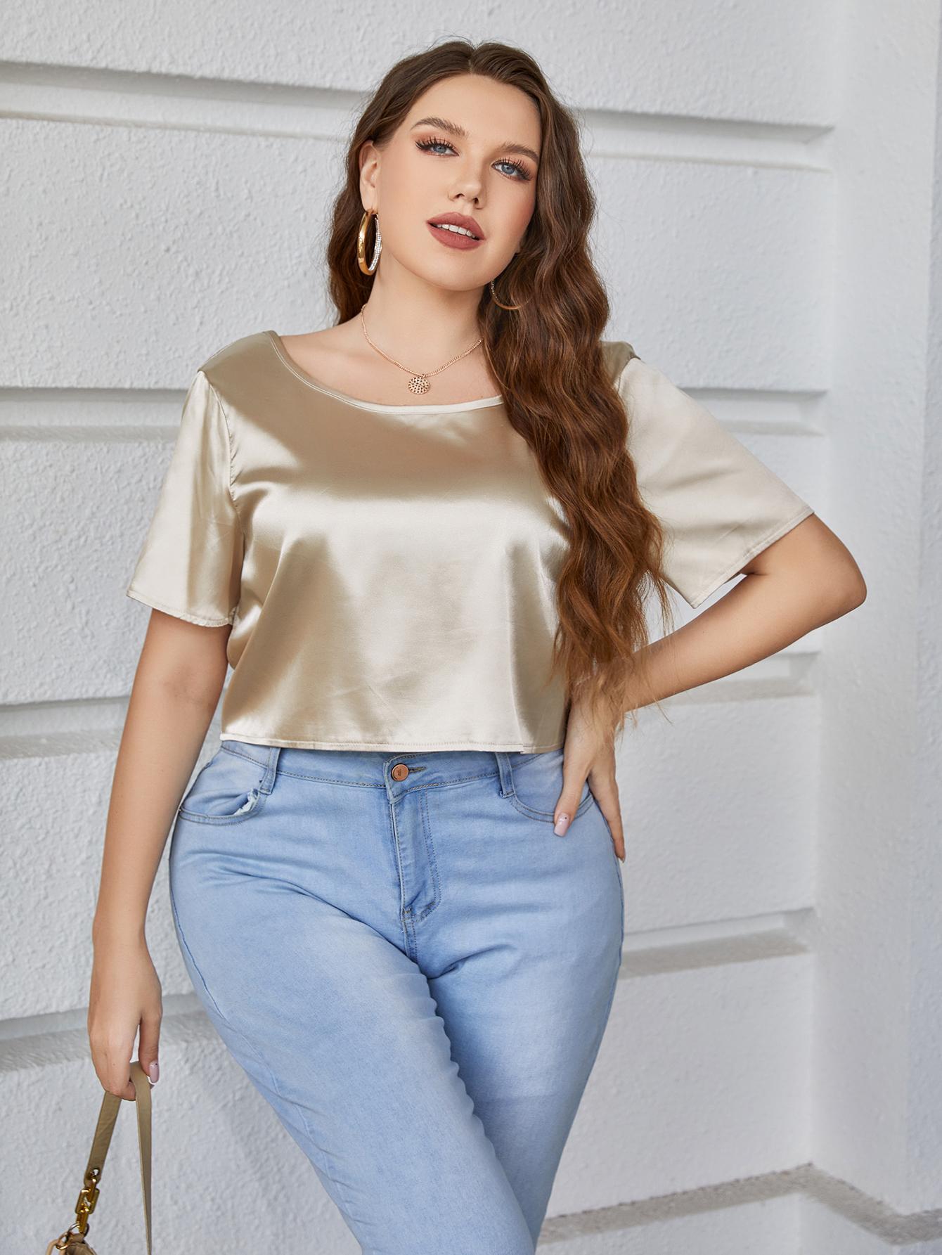 Plus Size Short Sleeve Tie Back Blouse Trendsi