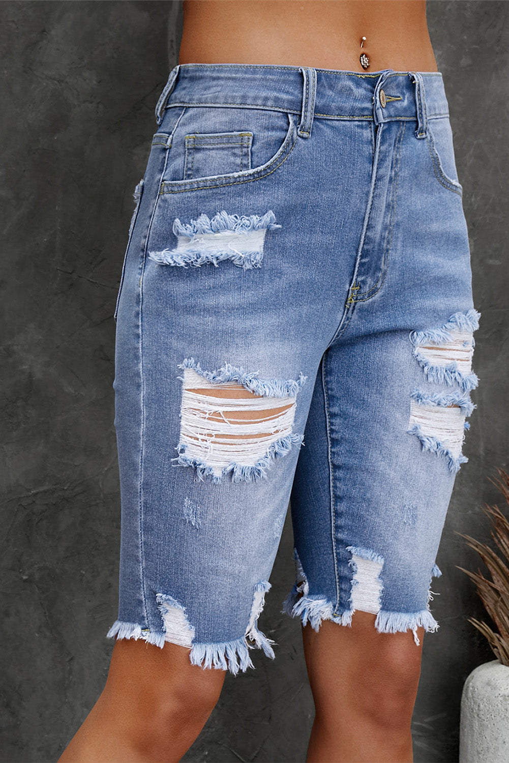 Distressed Frayed Hem Denim Bermuda Shorts Trendsi