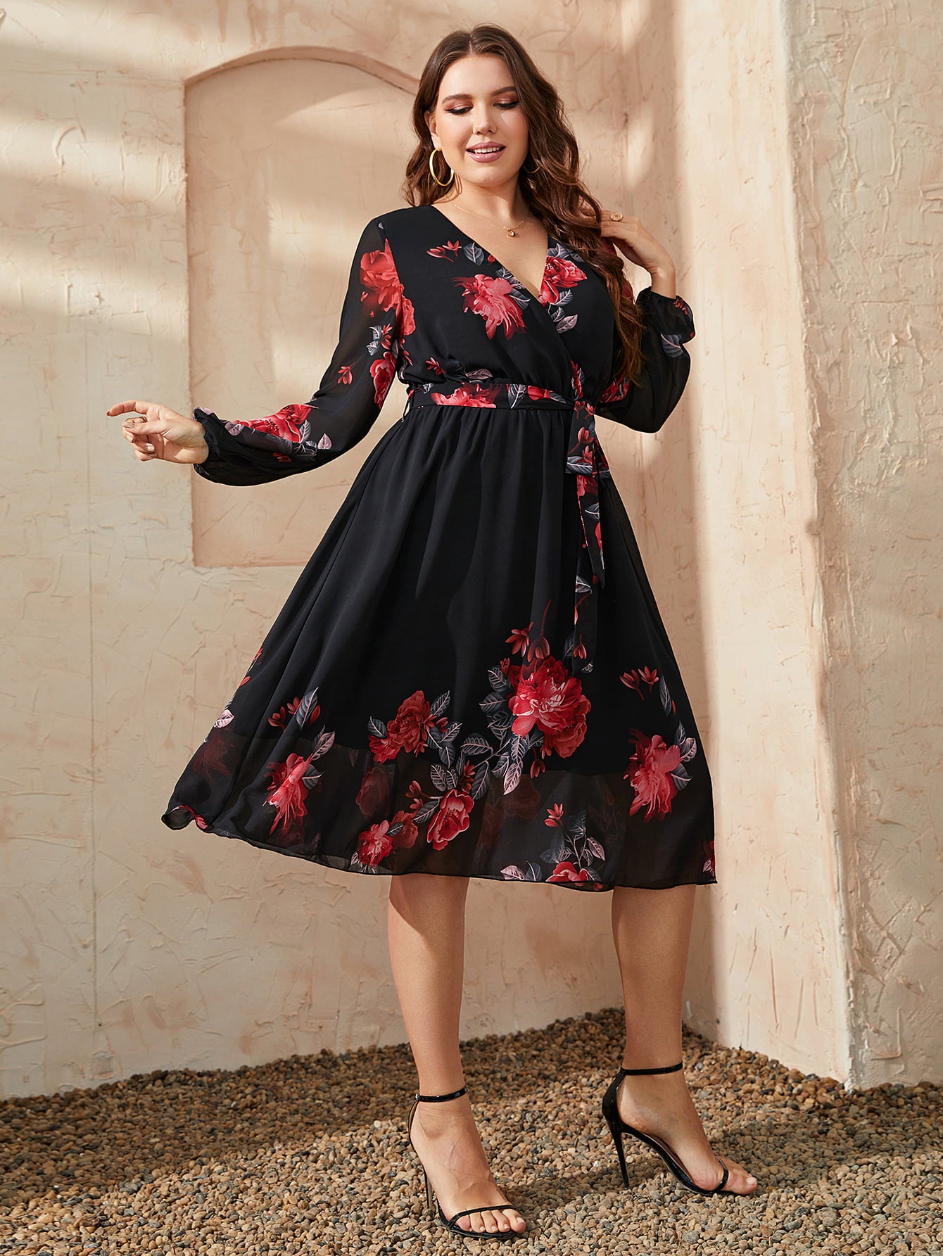 Plus Size Floral Surplice Neck Tie Waist Dress Trendsi