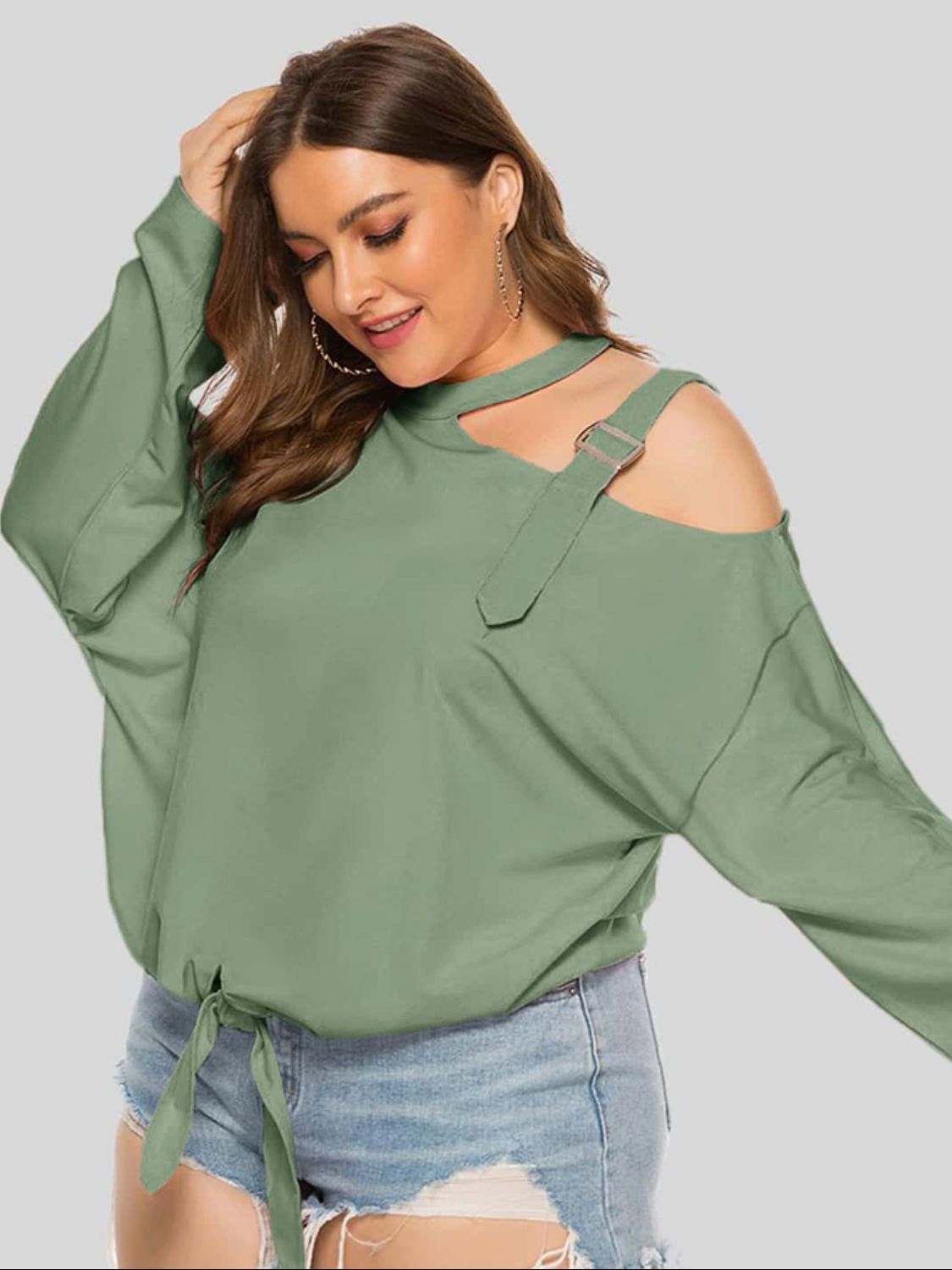 Plus Size Cold-Shoulder Tied Top Trendsi