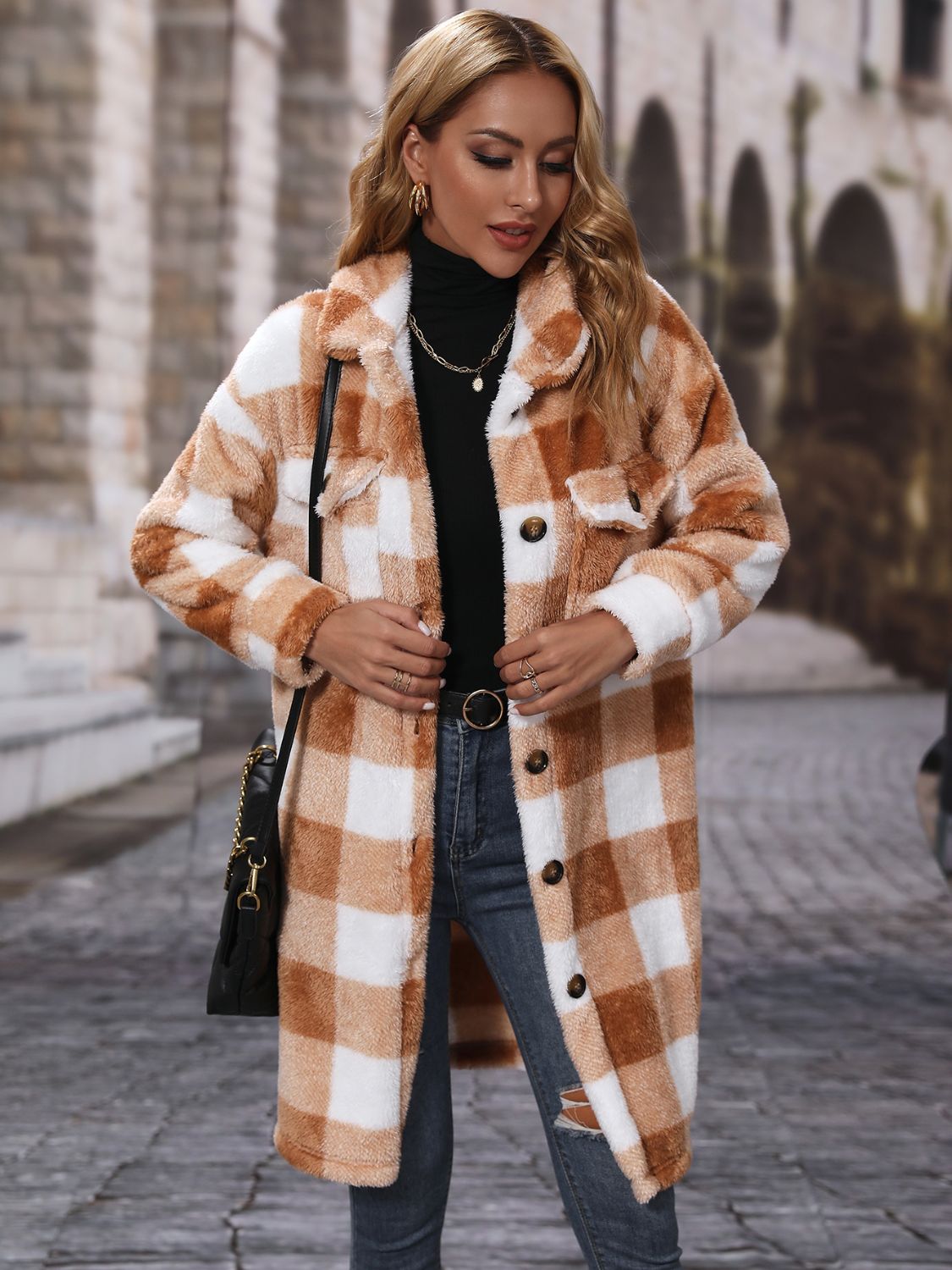 Plaid Collared Neck Button Down Coat Trendsi