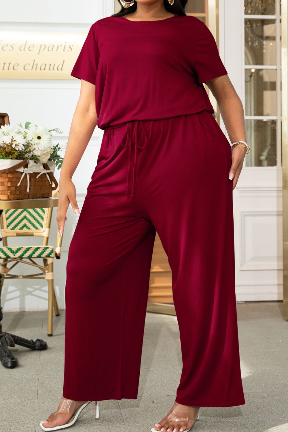 Plus Size Drawstring Waist Short Sleeve Jumpsuit Trendsi