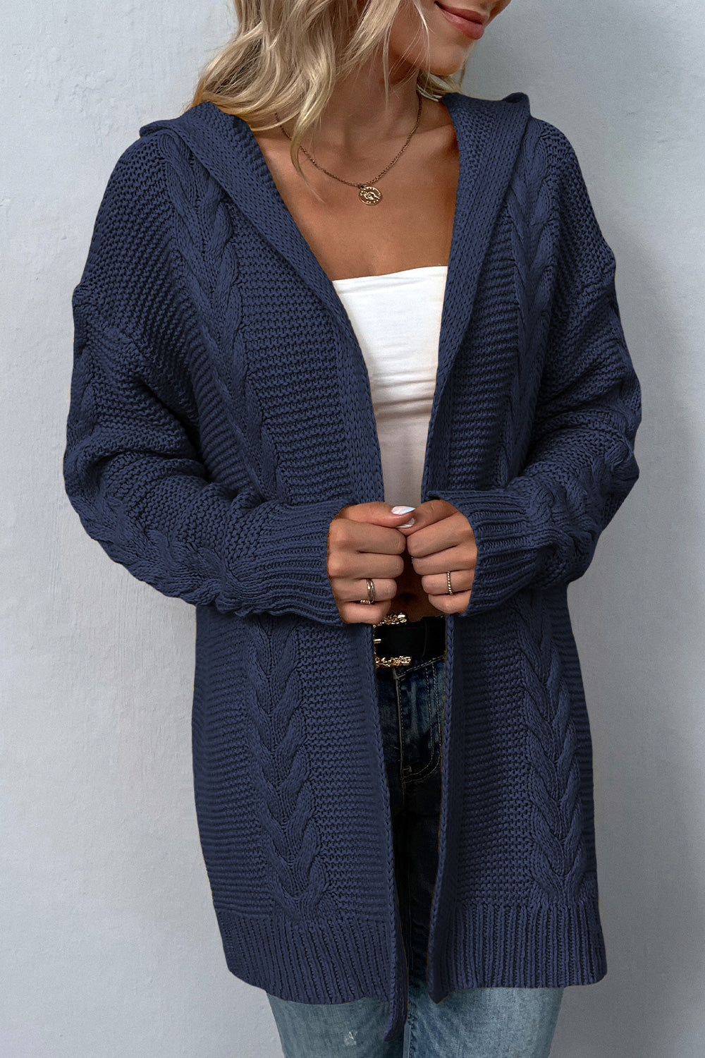 Cable-Knit Dropped Shoulder Hooded Cardigan Trendsi