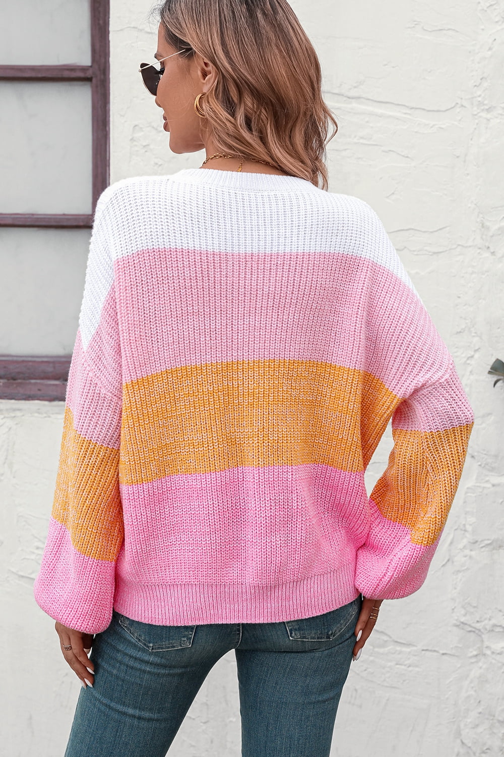 Round Neck Color Block Ribbed Pullover Sweater Trendsi