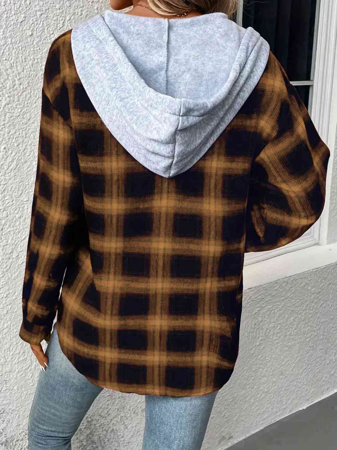 Plaid Drawstring Button Up Hooded Jacket Trendsi