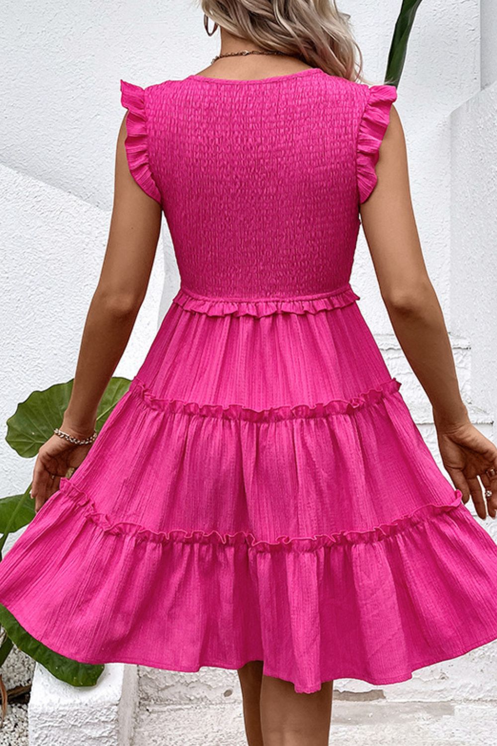 Smocked Frill Trim Deep V Dress Trendsi