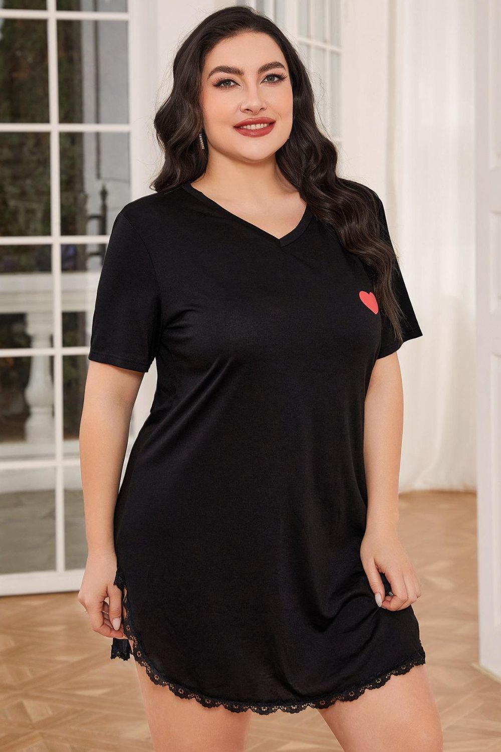 Plus Size Lace Trim V-Neck Short Sleeve Night Dress Trendsi