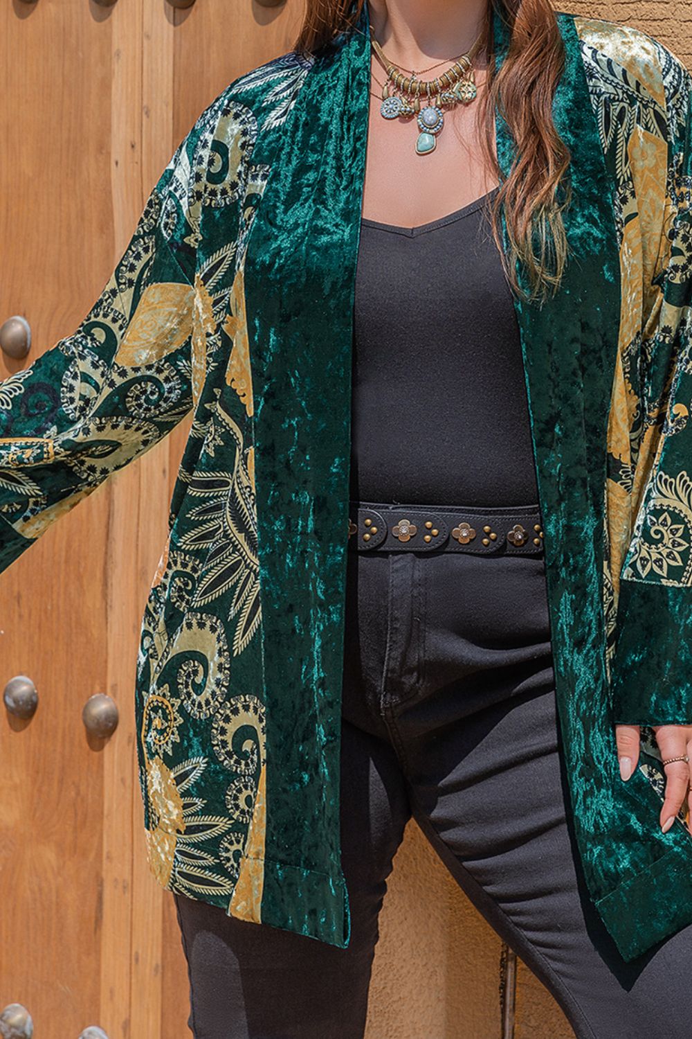 Plus Size Open Front Bohemian Style Long Sleeve Cardigan Trendsi