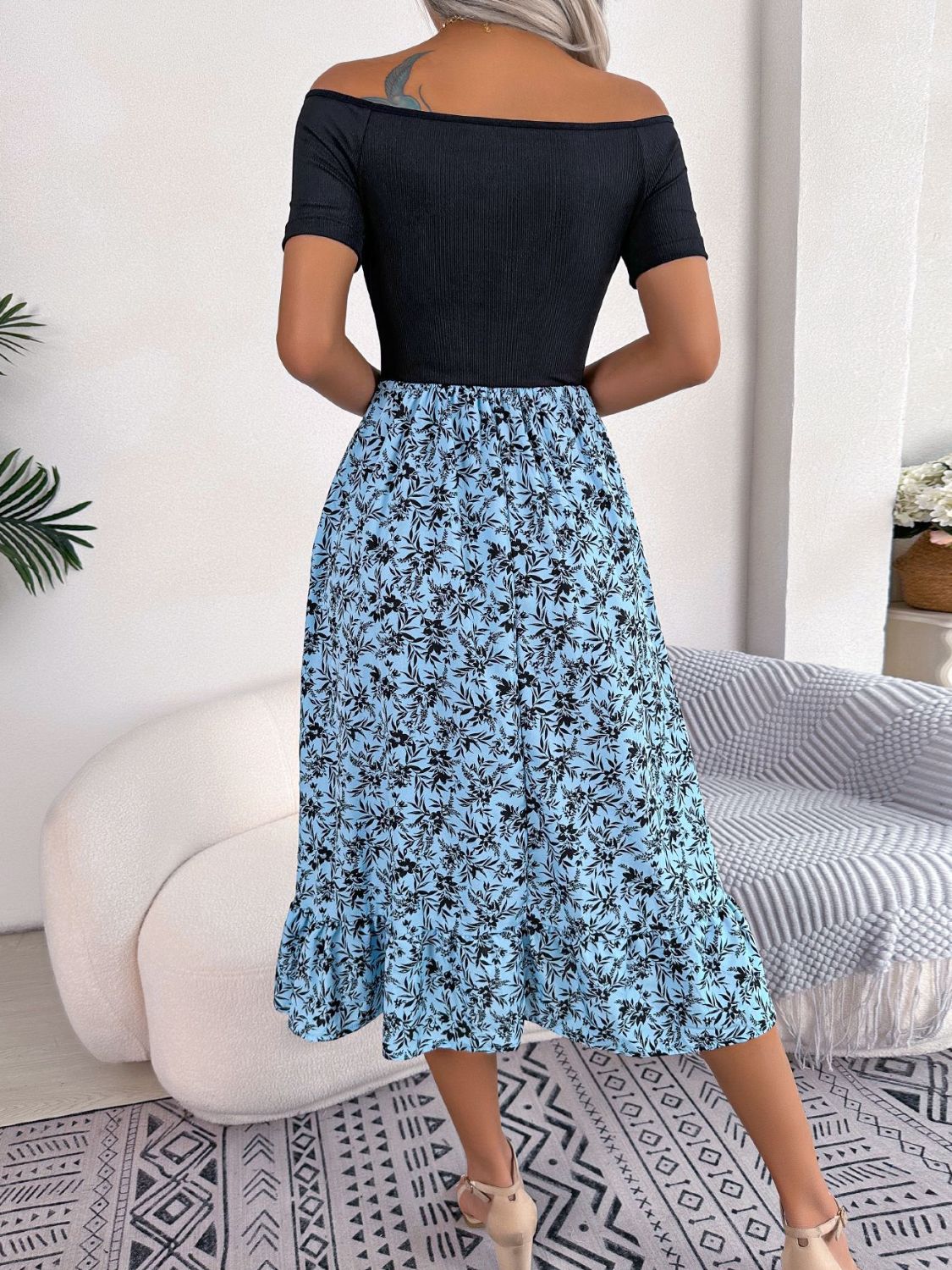 Printed Off-Shoulder Ruffle Hem Dress Trendsi