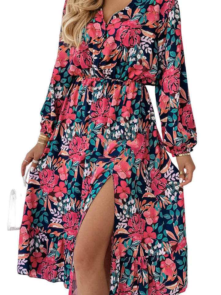 Printed Long Sleeve Slit Dress Trendsi