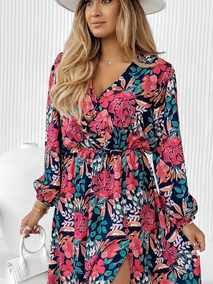 Printed Long Sleeve Slit Dress Trendsi