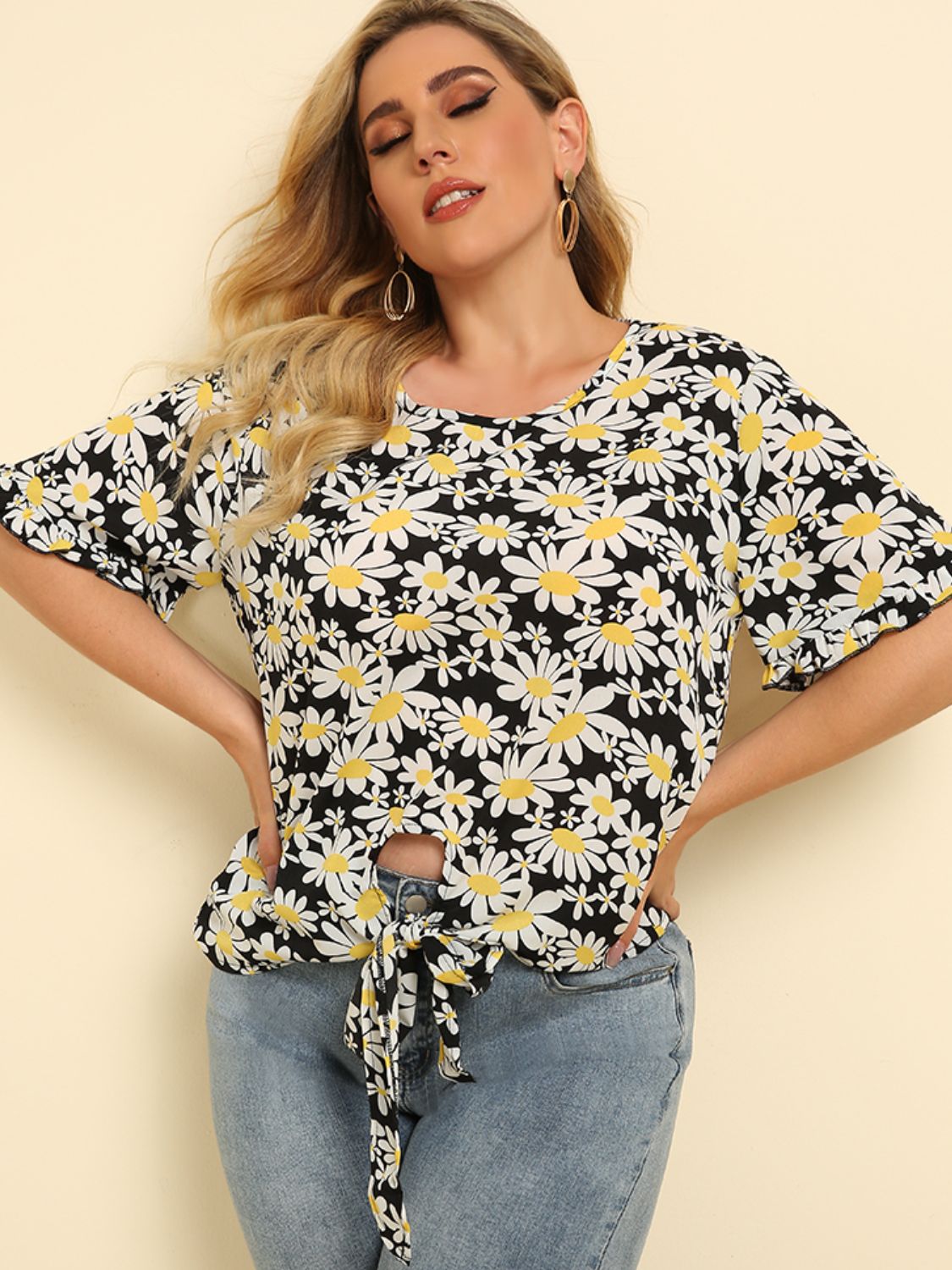 Plus Size Floral Round Neck Tie Hem Blouse Trendsi