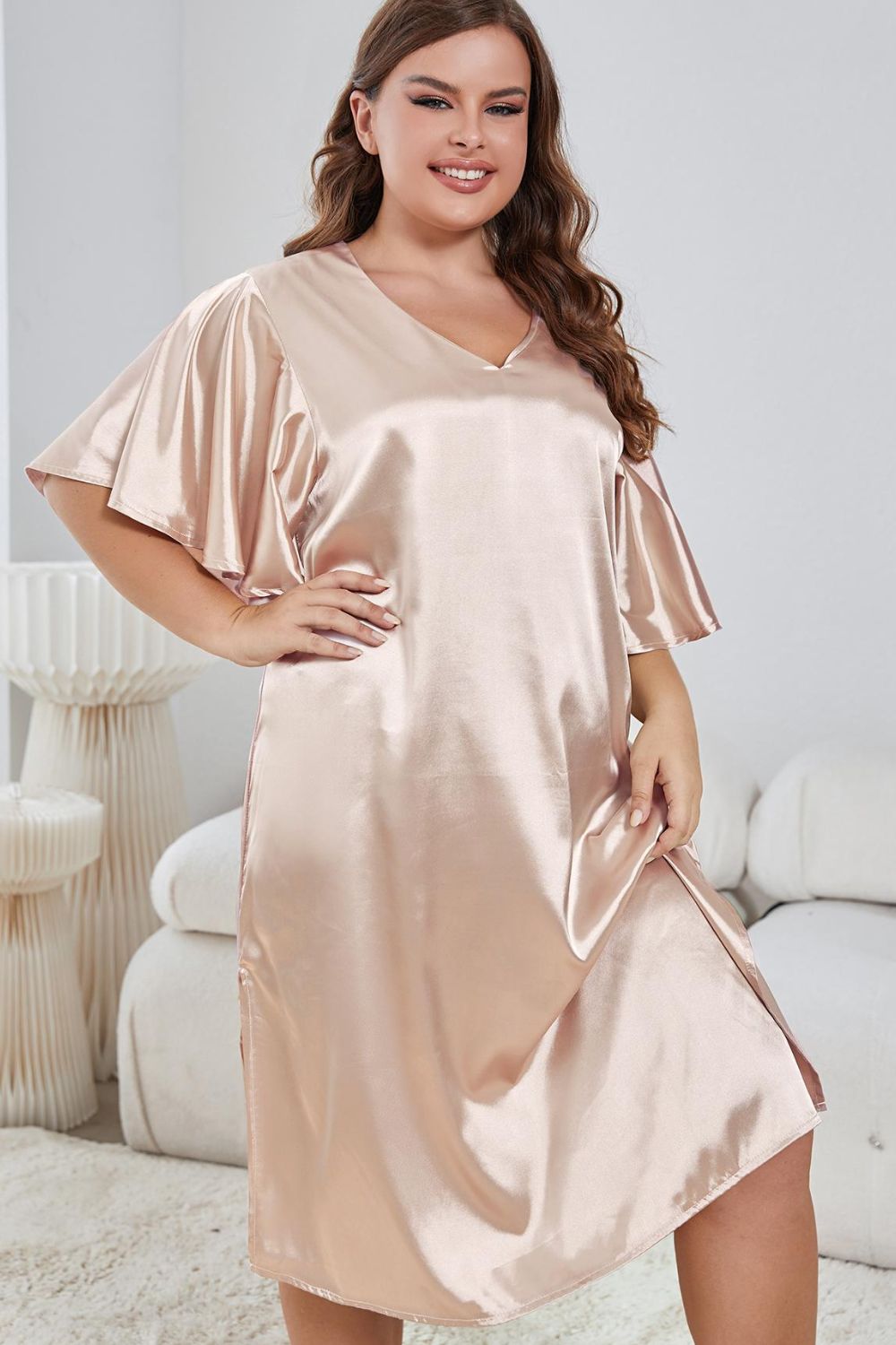 Plus Size Flutter Sleeve V-Neck Side Slit Night Gown Trendsi