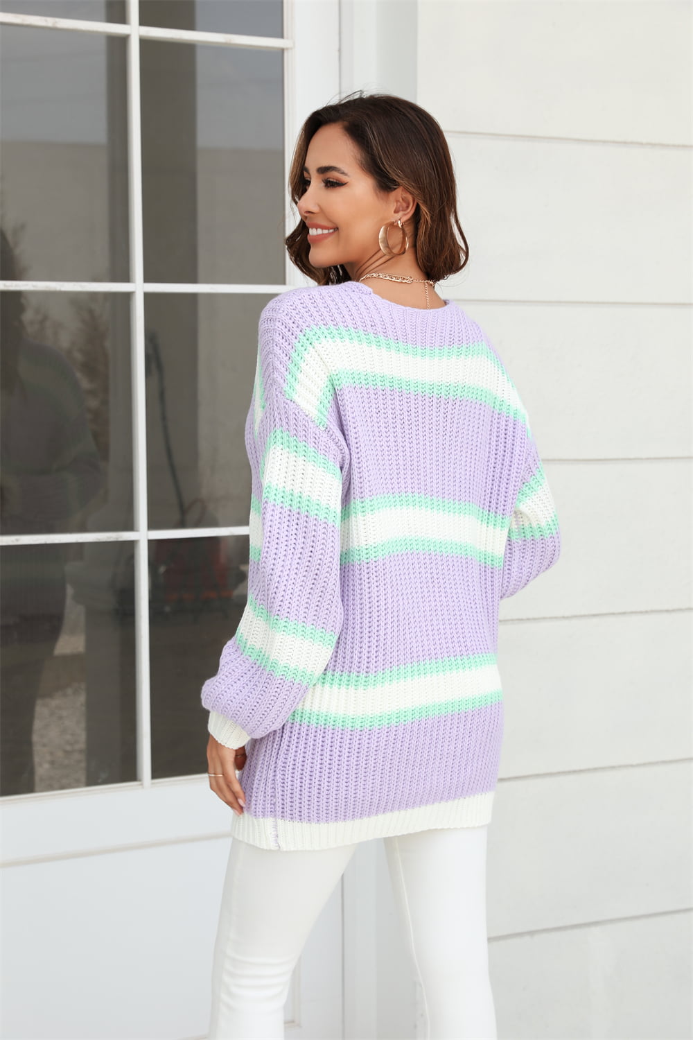 Color Block Ribbed Dropped Shoulder Open Front Cardigan Trendsi