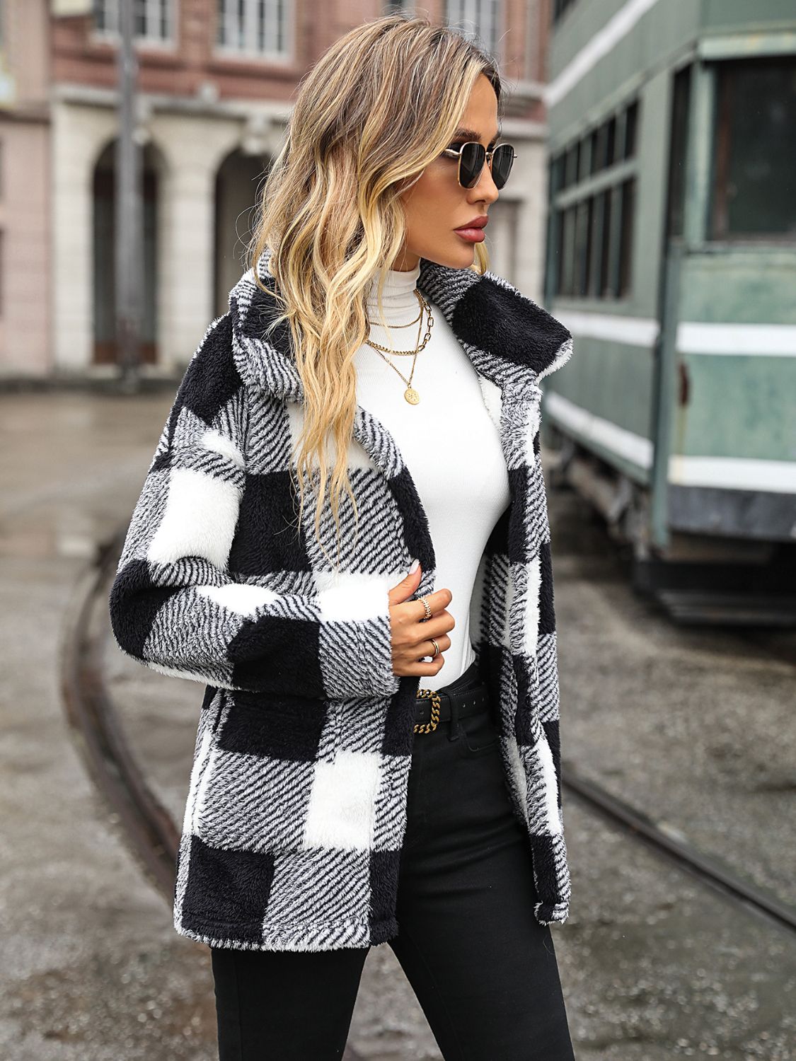 Plaid Collared Neck Button Down Jacket Trendsi