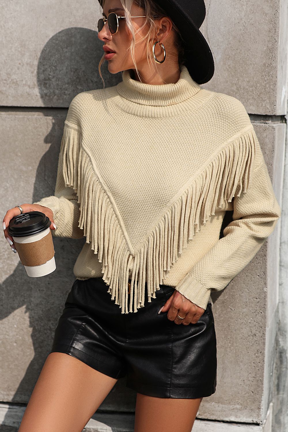 Turtle Neck Tassel Front Long Sleeve Pullover Sweater Trendsi