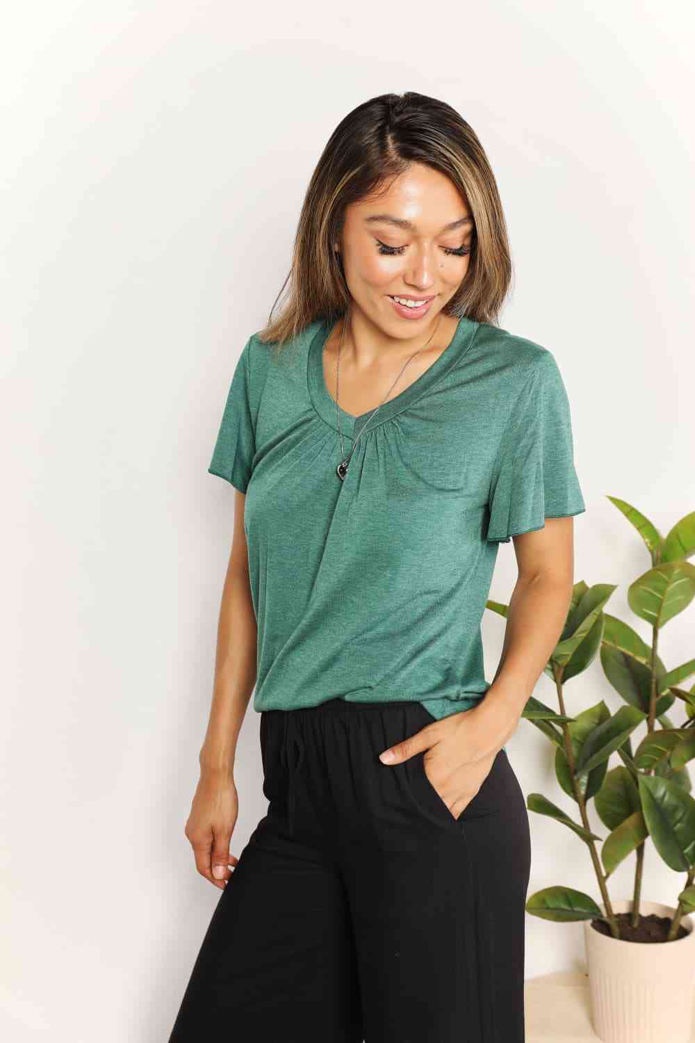 Double Take Ruched V-Neck Short Sleeve T-Shirt Trendsi