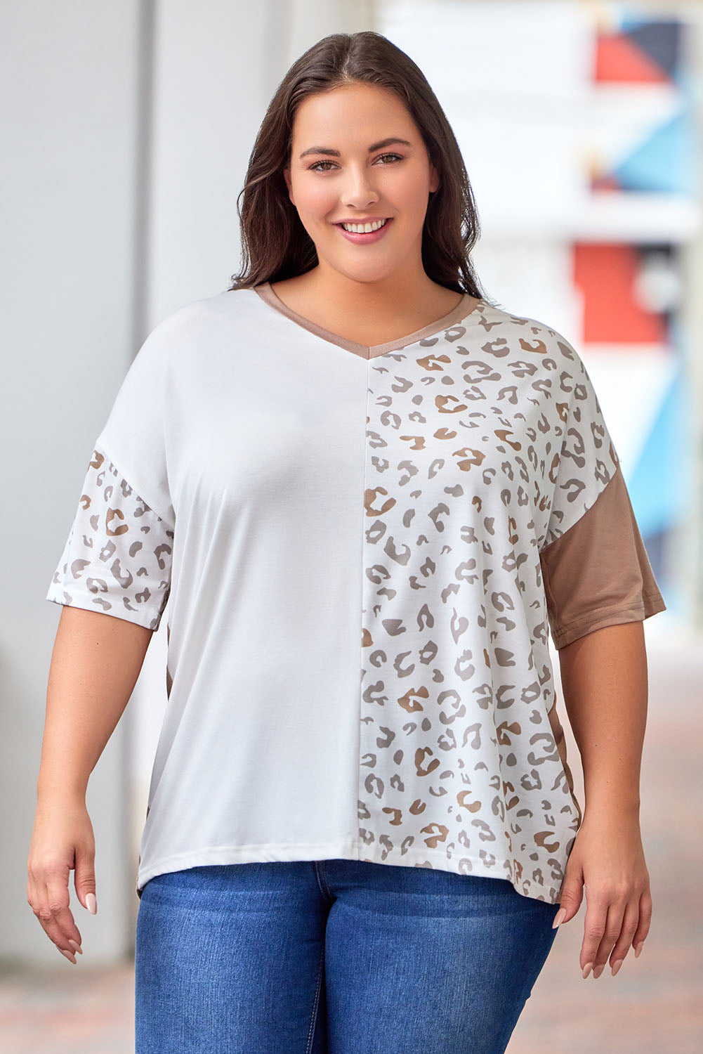 Plus Size Leopard V-Neck T-Shirt Trendsi