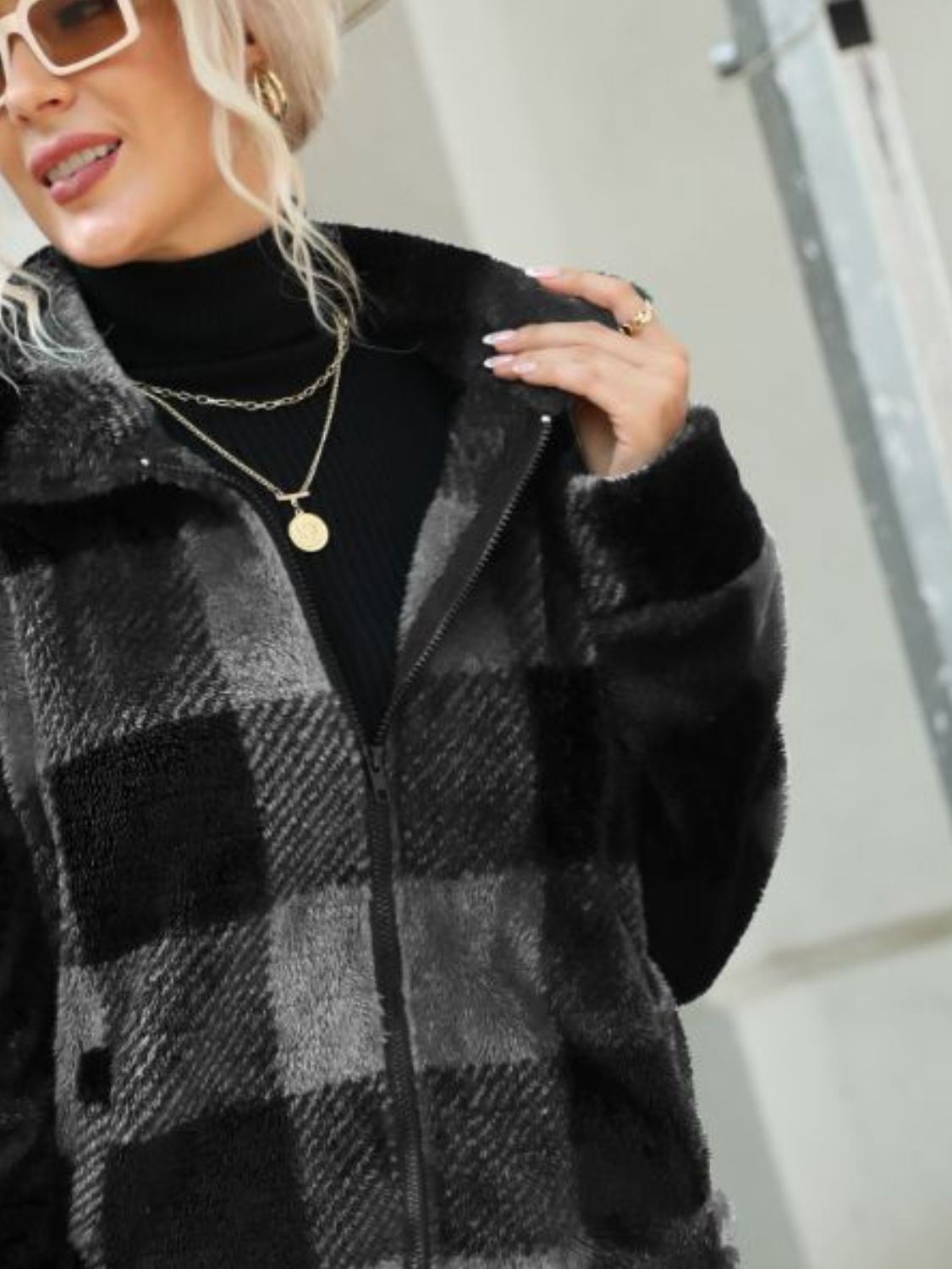 Plaid Zip-Up Collared Jacket Trendsi