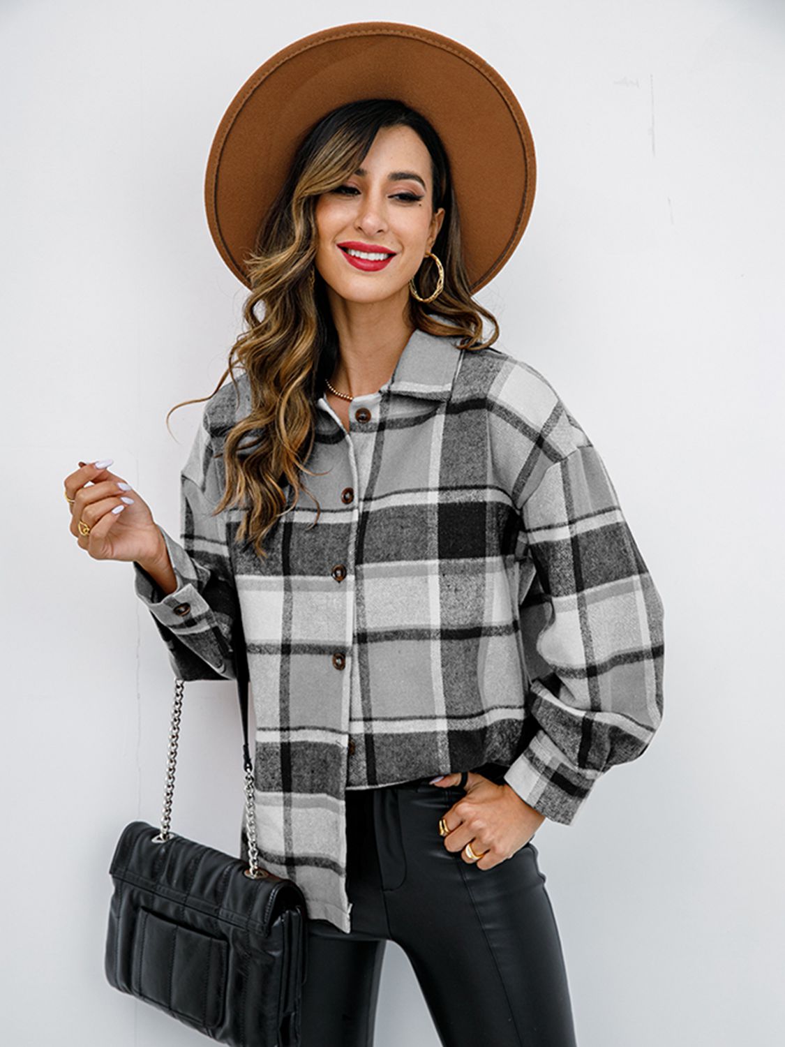 Plaid Button-Down Jacket Trendsi