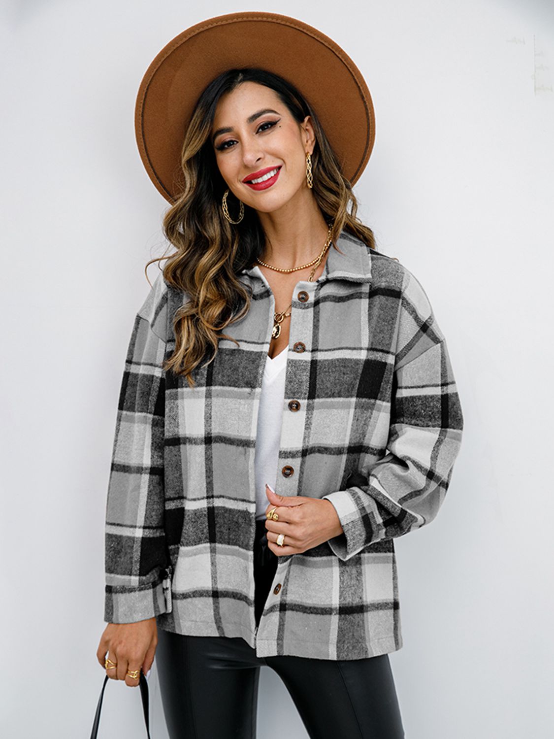 Plaid Button-Down Jacket Trendsi