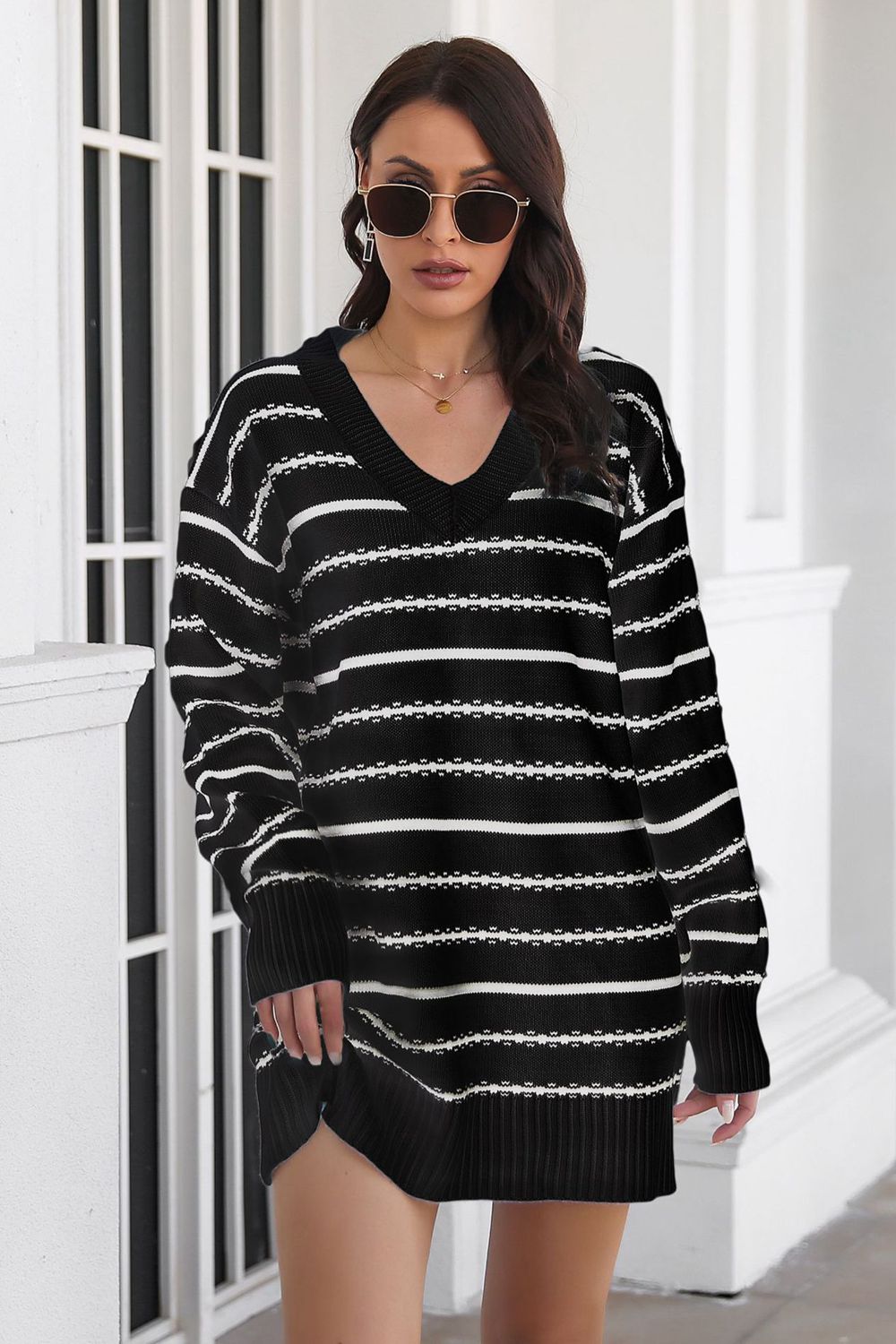 Striped V-Neck Sweater Dress Trendsi