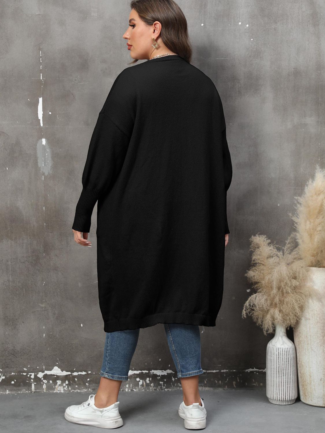 Plus Size Long Sleeve Pocketed Cardigan Trendsi