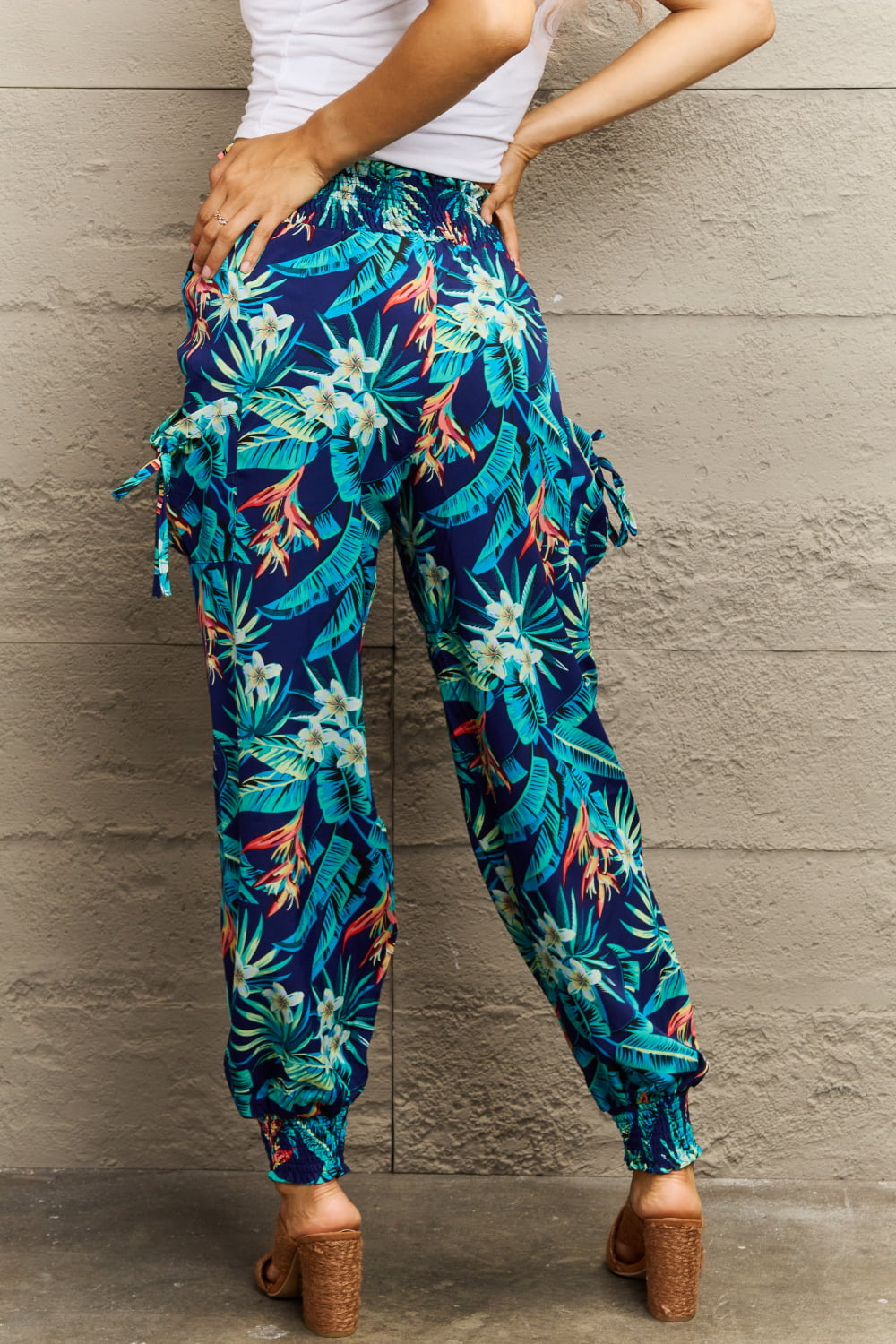 Smocked Plant Print Long Pants Trendsi
