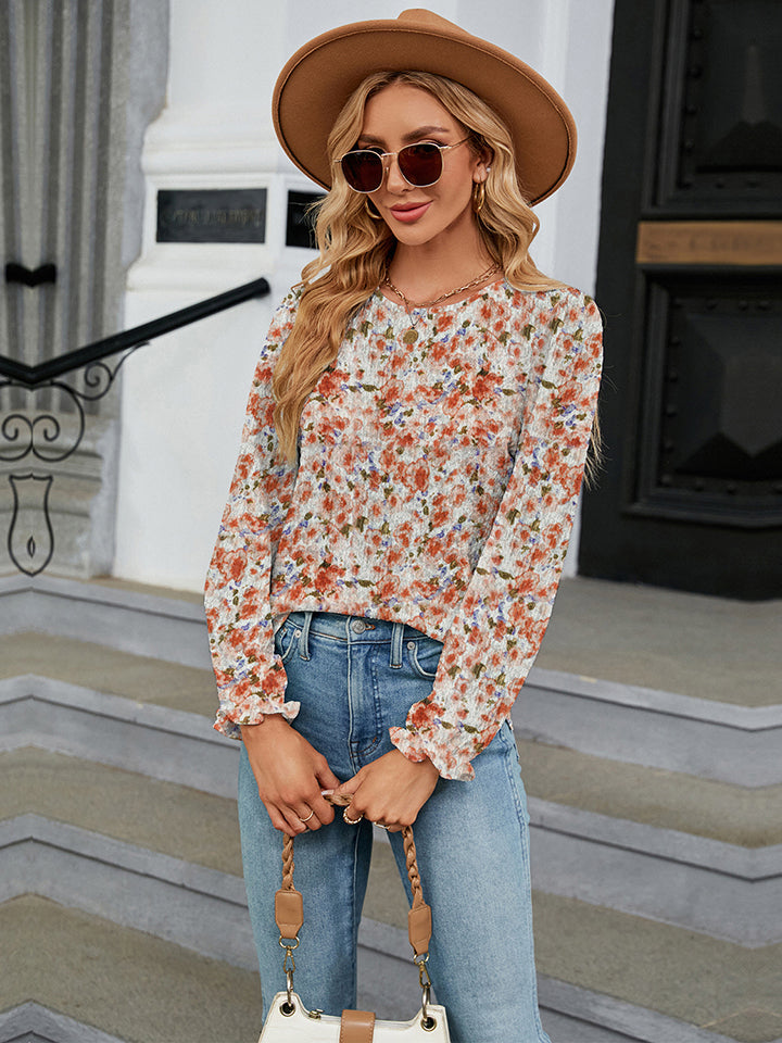 Printed Round Neck Flounce Sleeve Blouse Trendsi