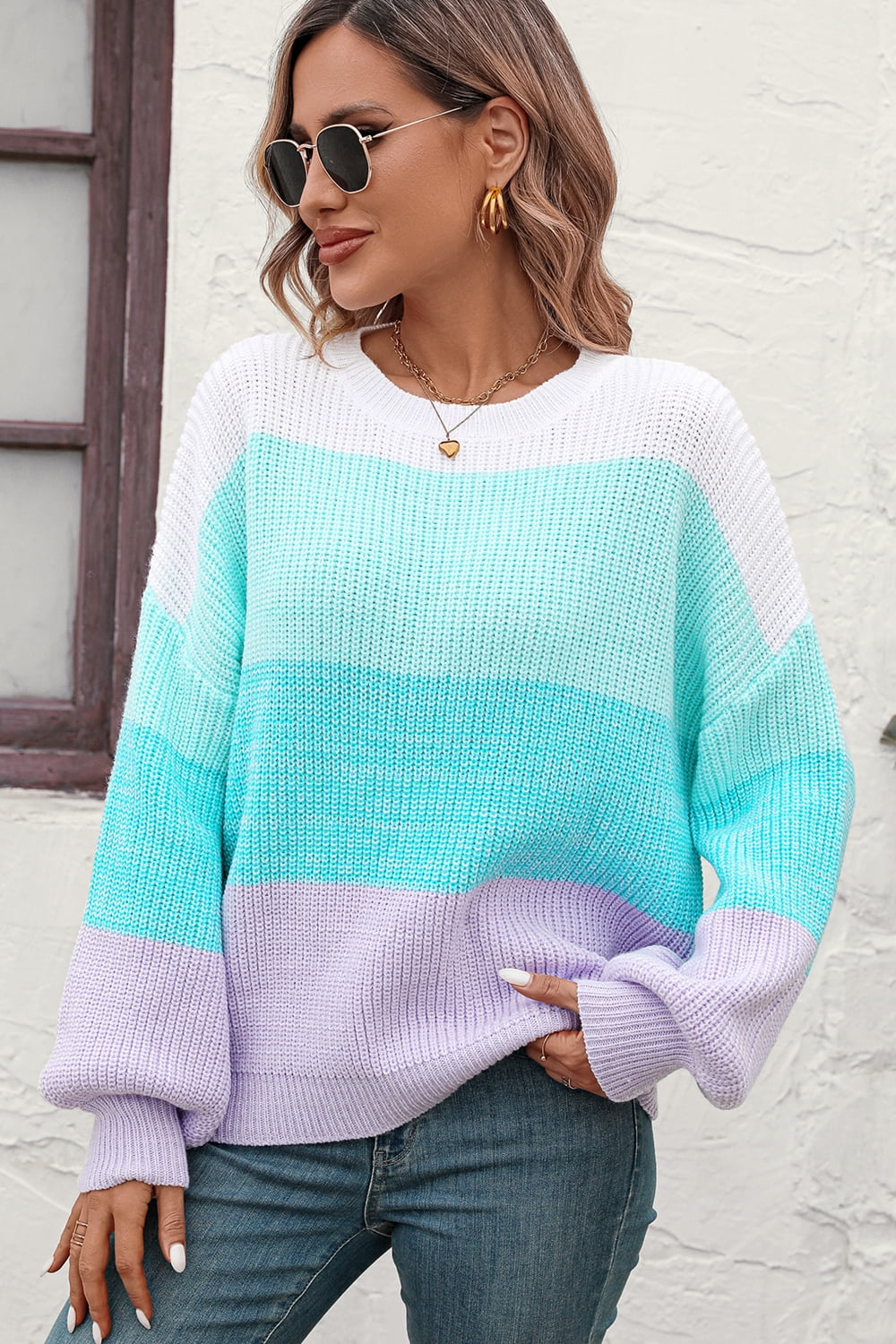 Round Neck Color Block Ribbed Pullover Sweater Trendsi