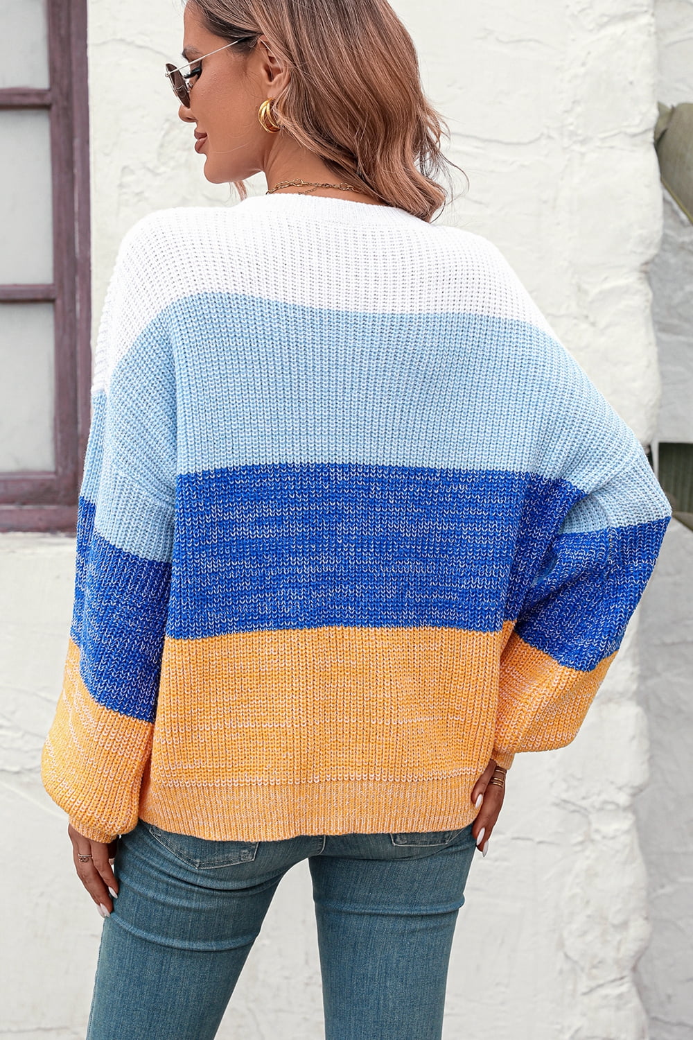 Round Neck Color Block Ribbed Pullover Sweater Trendsi