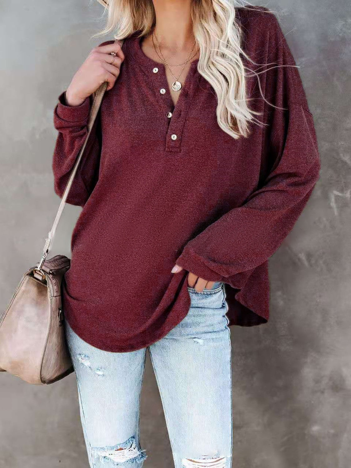 Buttoned Drop Shoulder Top Trendsi