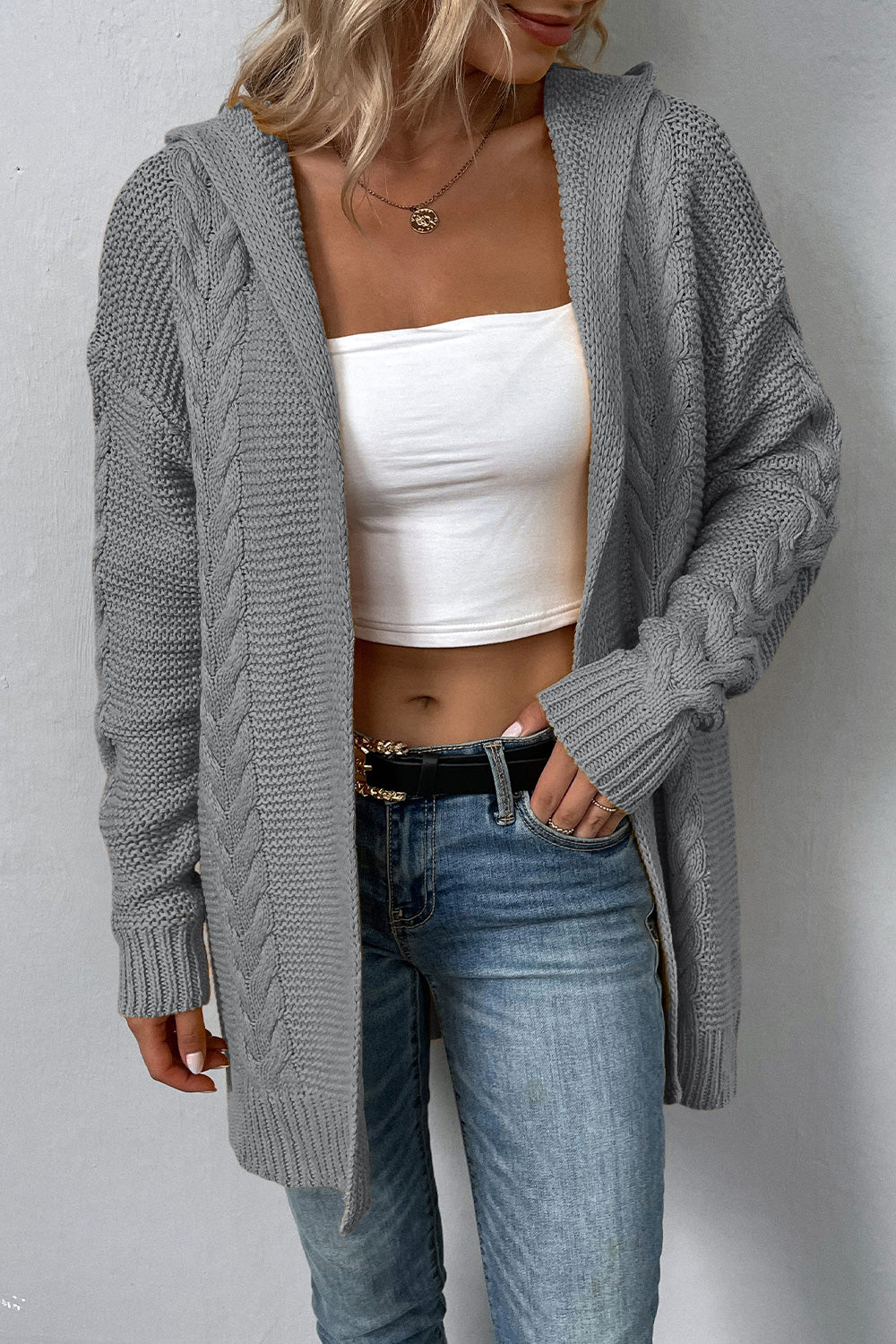 Cable-Knit Dropped Shoulder Hooded Cardigan Trendsi