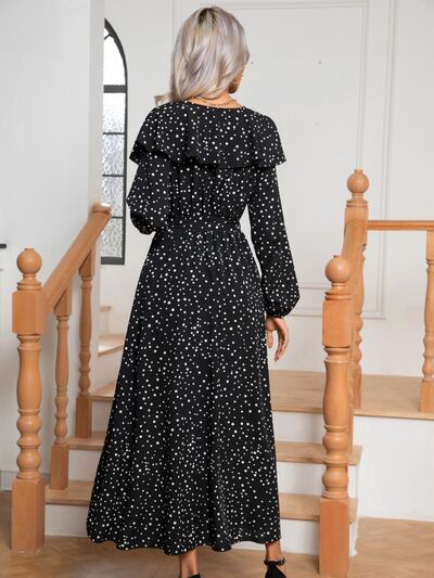 Polka Dot Tie Front Long Sleeve Slit Dress Trendsi