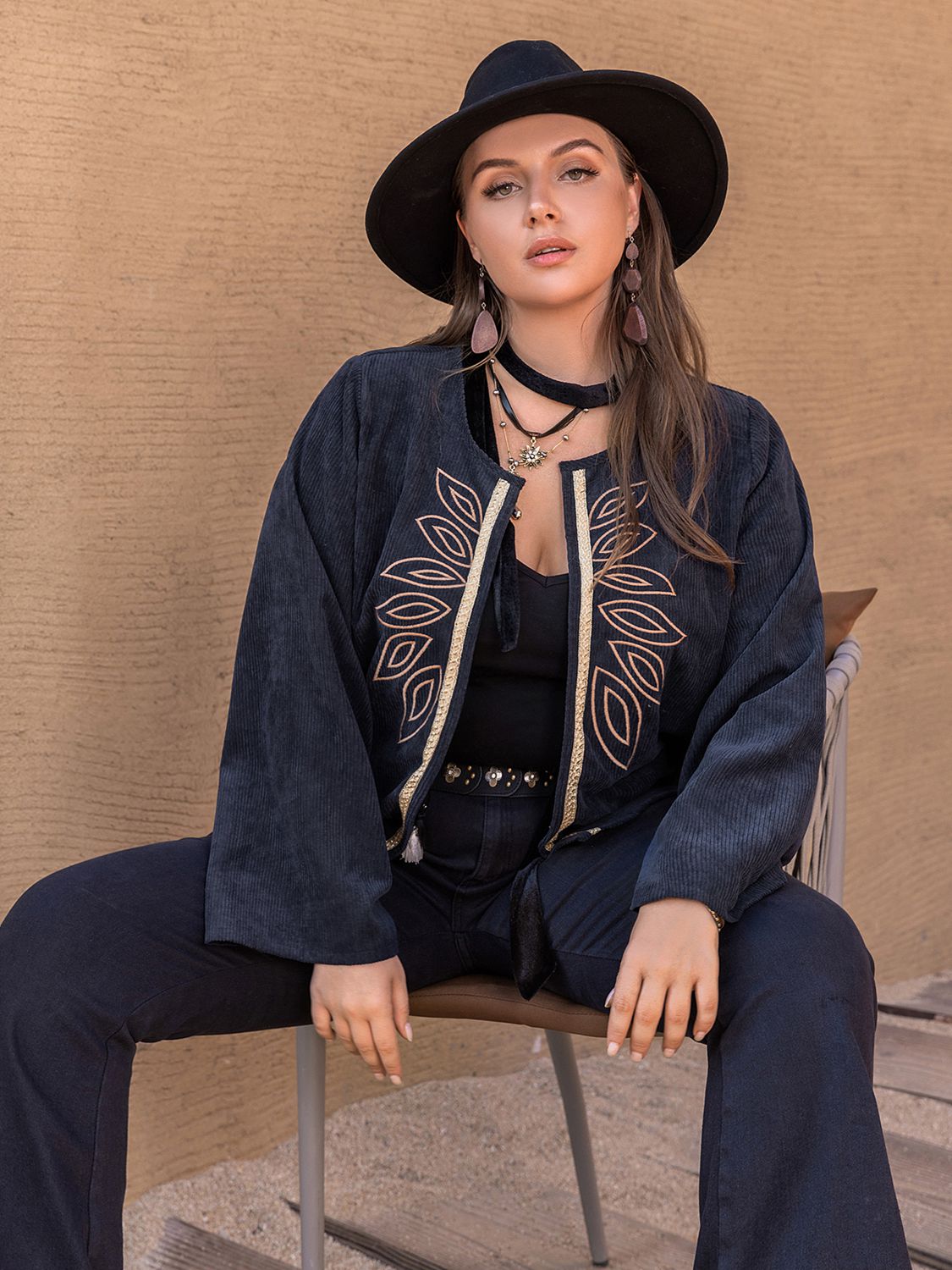 Plus Size Embroidered Open Front Jacket Trendsi