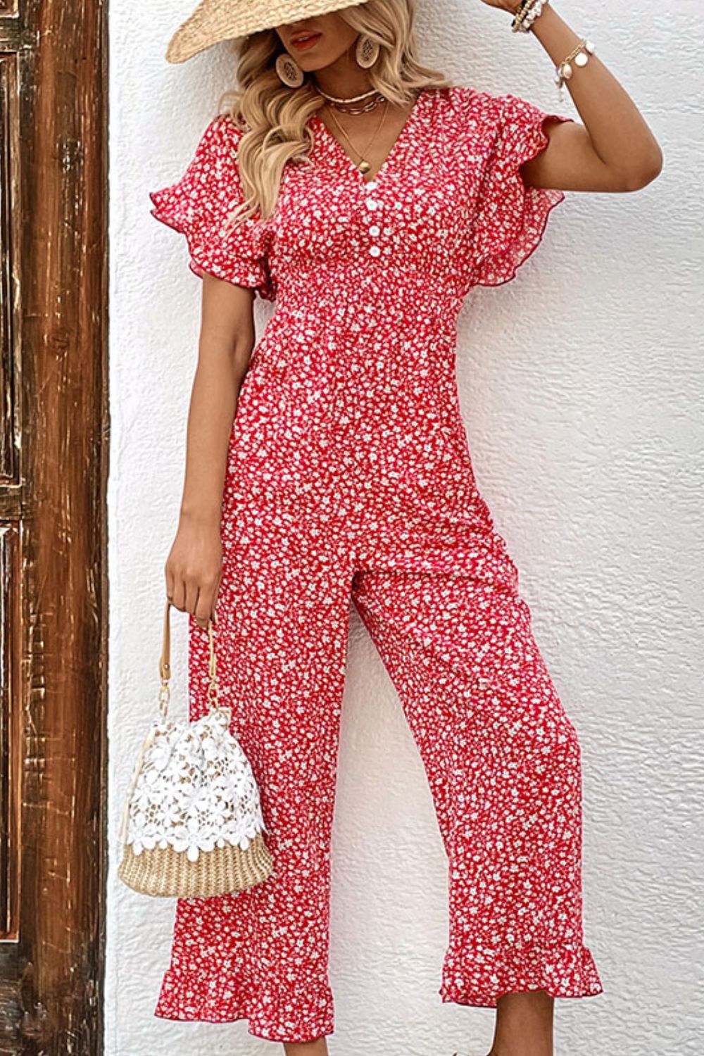 Printed Tie Back Ruffled Jumpsuit Trendsi