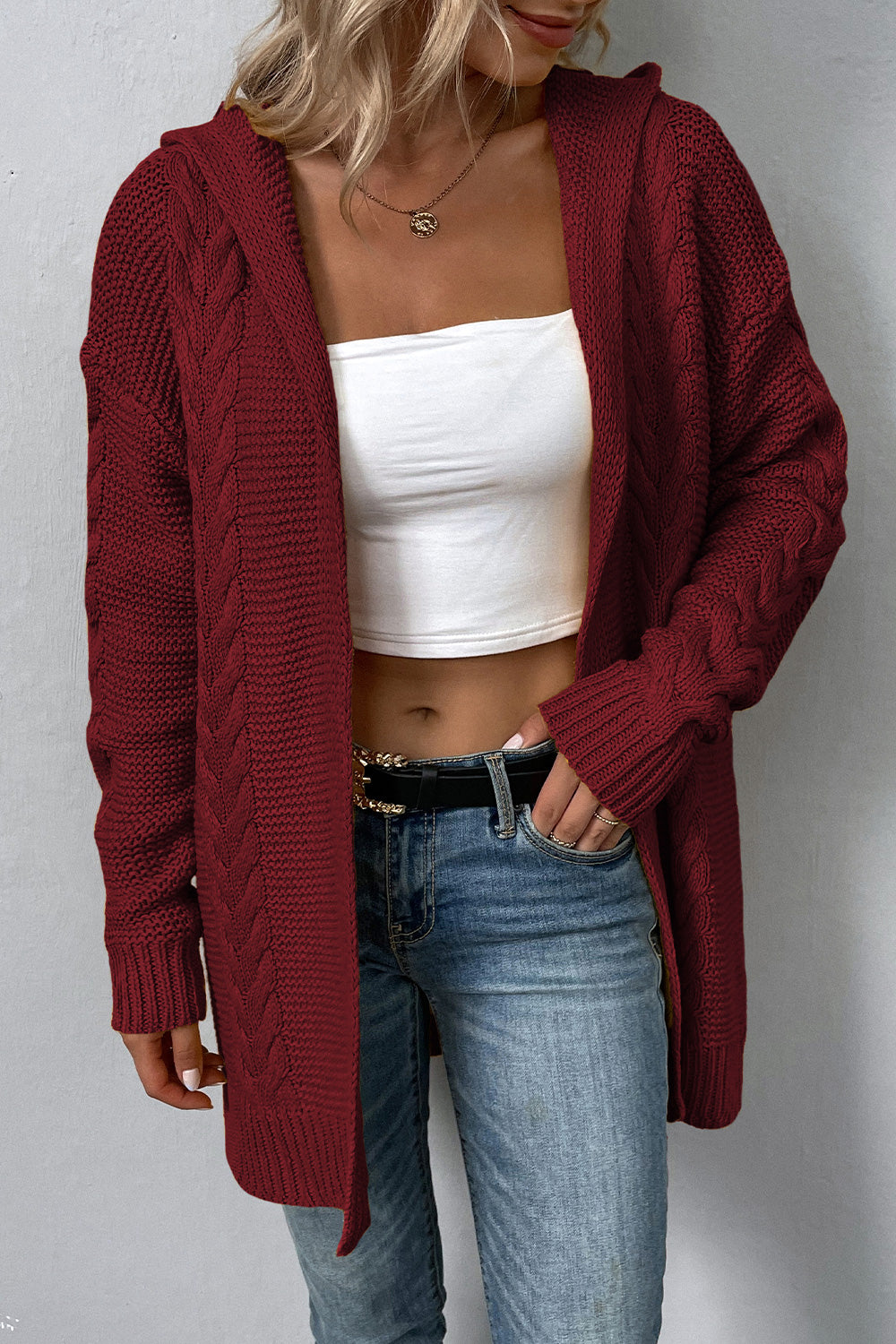 Cable-Knit Dropped Shoulder Hooded Cardigan Trendsi